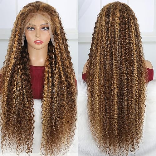 Miniatura 2 de FABA Peluca de encaje frontal de onda profunda degradado de 26 pulgadas, 13x4, rubio miel, sin pegamento, peluca de cabello humano marrón con
