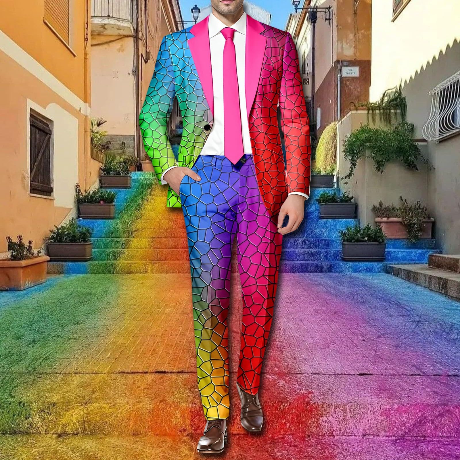 Herren Anzug 2 Teilig Slim Fit Herrenanzug Sakko Hose Knopf Smoking Anzug für Halloween Cosplay Karneval Fashion Outfit Männer Regenbogen Anzug