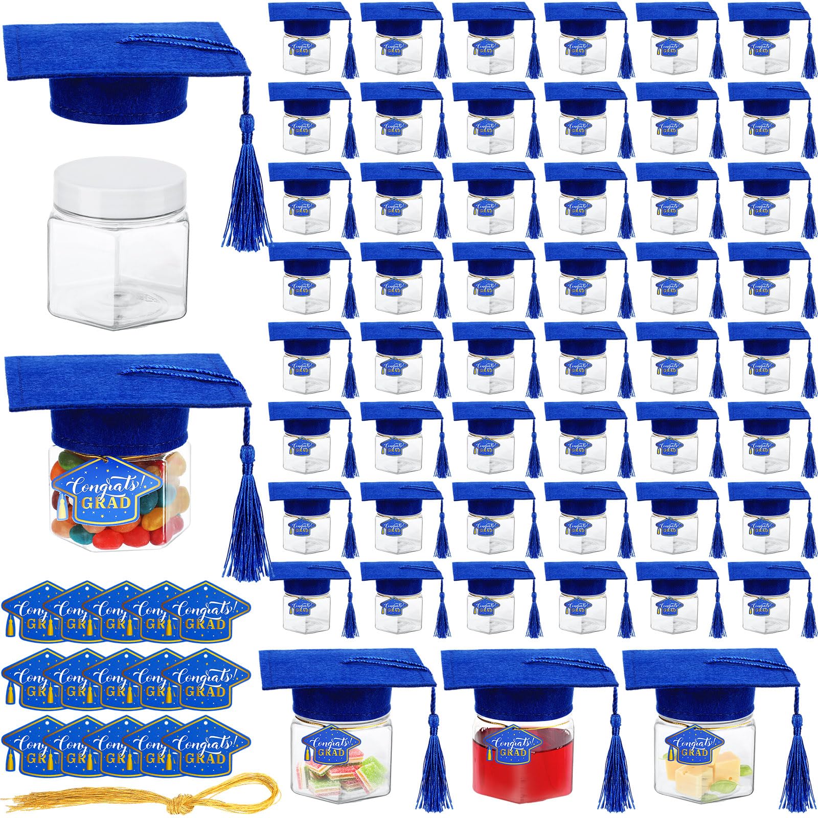 Photo 1 of Newtay 50 Set DIY 2026 Graduation Party Favors Mason Jar Graduation Candy Gifts Jar Plastic Candy and Paper Cap for 2026 Party Decoration Kindergarten Supplies(Blue)