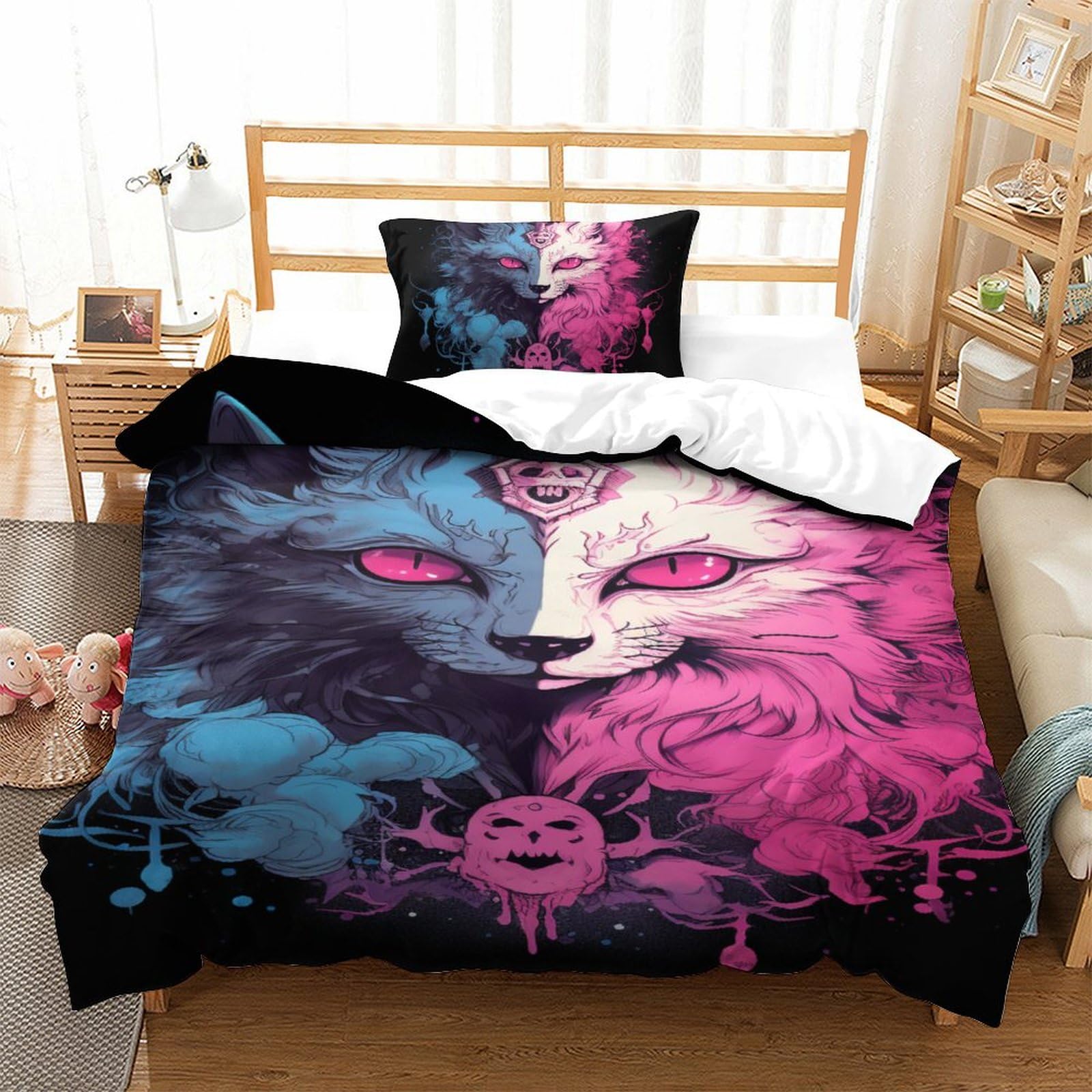 Housse de couette loup 3D microfibre anti-plis pour lit single 135x200cm avec taie