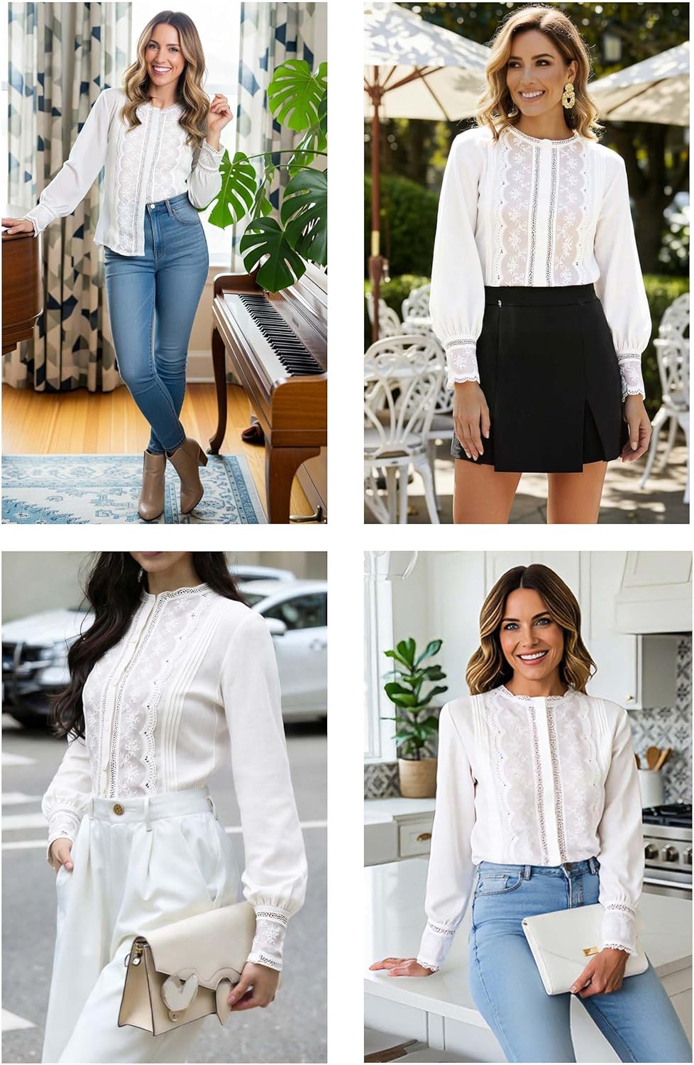 Women's Band Collar Lace Button Blouse 100% Cotton Shirt Long Sleeve Casual Top - Image 5