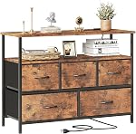 MUTUN 5 Drawer Dresser with Charging Station, White Fabric Dresser for Bedroom with Storage Shelf, Chest of Drawers, Console Table for Entryway Hallway, TV Stand for Living Room, Commode de Chambre
