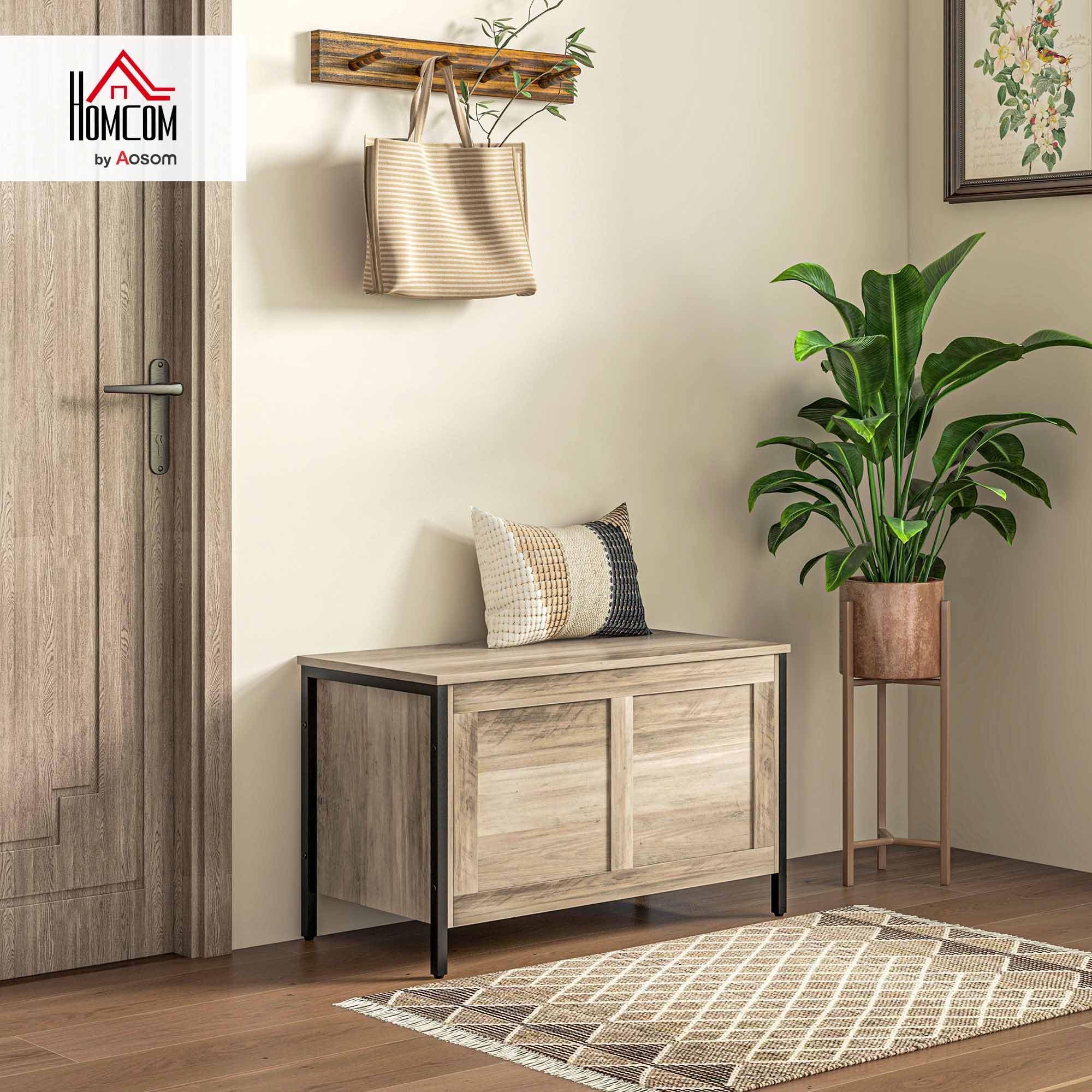 HOMCOM Baúl de Almacenaje para Dormitorio 95 L Banco de Almacenaje con Tapa Bisagra de Seguridad para Pasillo Salón 80x40x50 cm Marrón Grisáceo