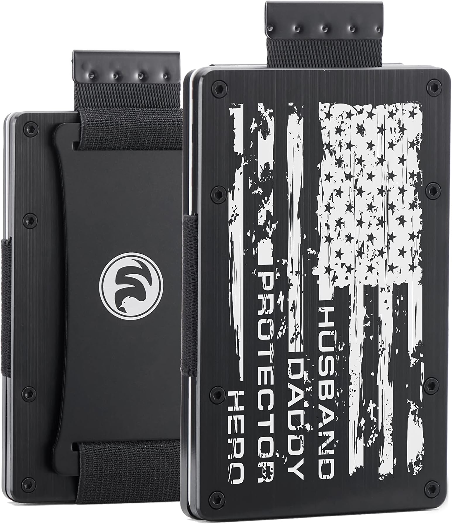 FeiYenMen Minimalist Metal Wallet for Husband Dad from Wife Son Daughter | American Flag Protector Hero | Slim Mini RFID Blocking Wallet | Personalized Gift Aluminum Pull Card Holder with Cash Strap
