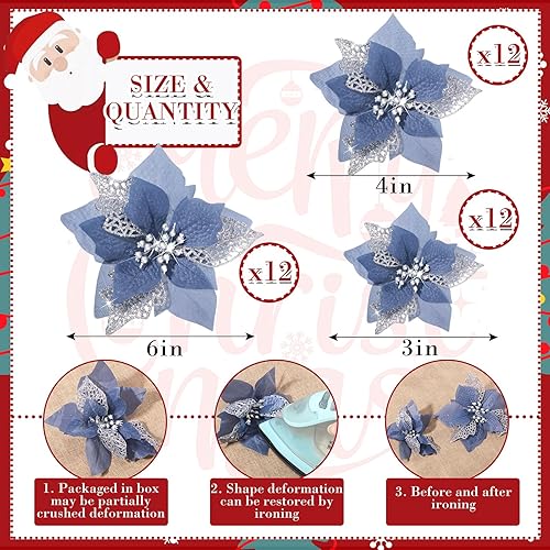 Miniatura 2 de WILLBOND 36 flores de Pascua de imitación con purpurina para decoración de boda, árbol de Navidad, Año Nuevo, adornos (azul polvoriento)
