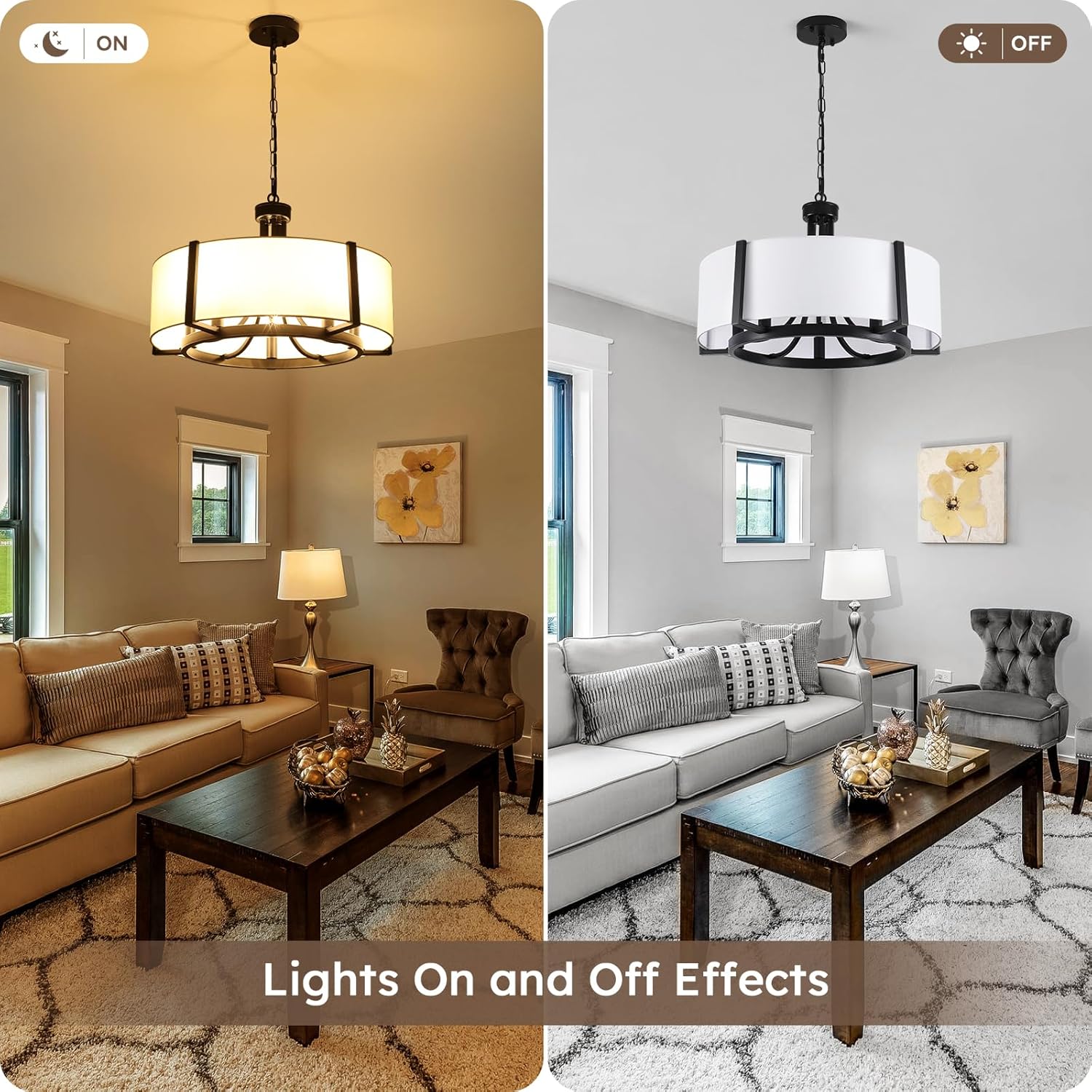 Generies Modern Chandelier for Dining Room, 5-Light Drum Chandelier with White Farbic Shade, 21.6" Drum Hanging Pendant Ceiling Light Fixture for Kitchen Bedroom Living Room Foyer Entryway