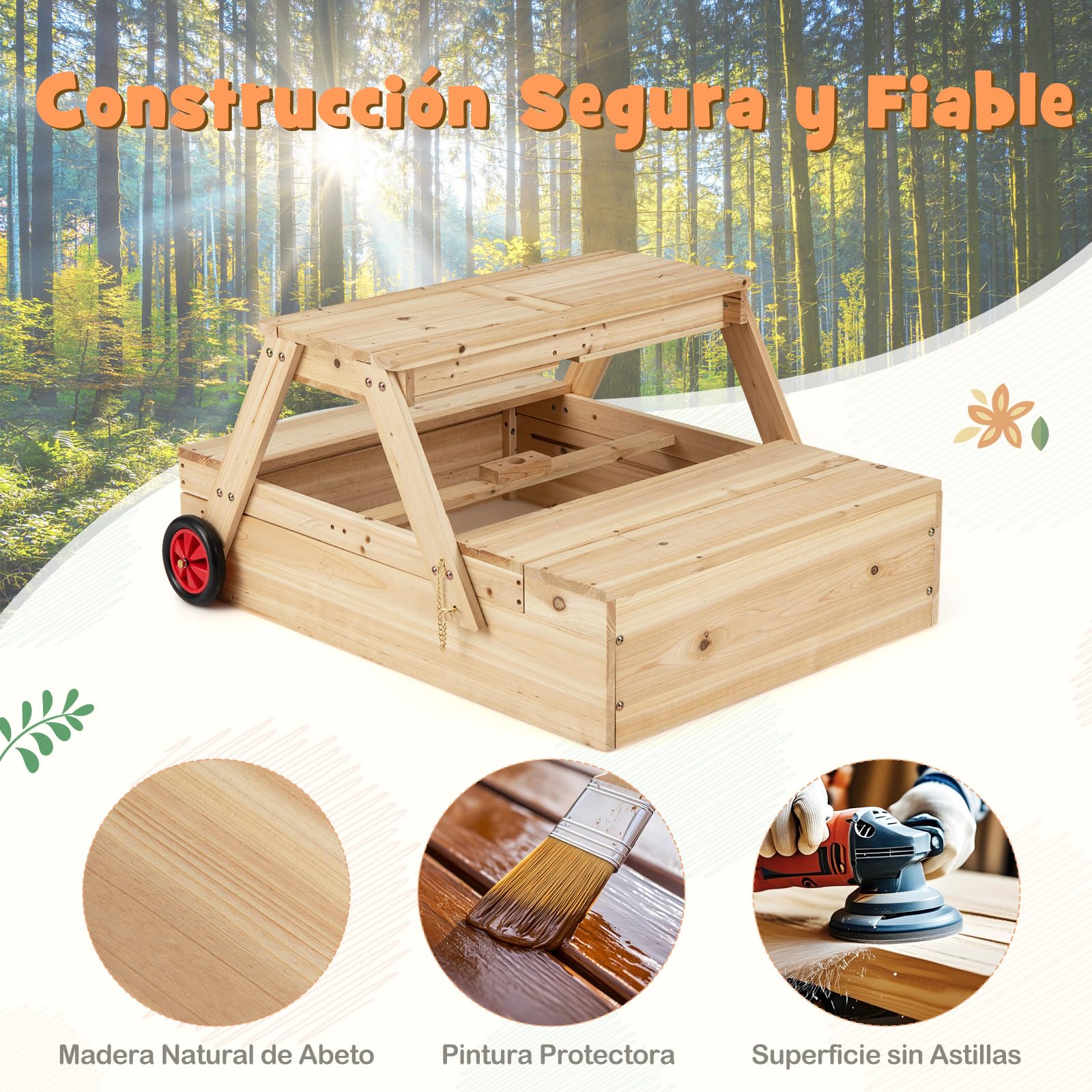 COSTWAY Arenero de Madera Infantil 3 en 1, Caja de Arena con Sombrilla Ajustable, Mesa de Picinic, Bancos, 2 Compartimentos Ocultos, Ruedas, Conjunto de Juego para Exterior para Niños de 3 a 5 Años
