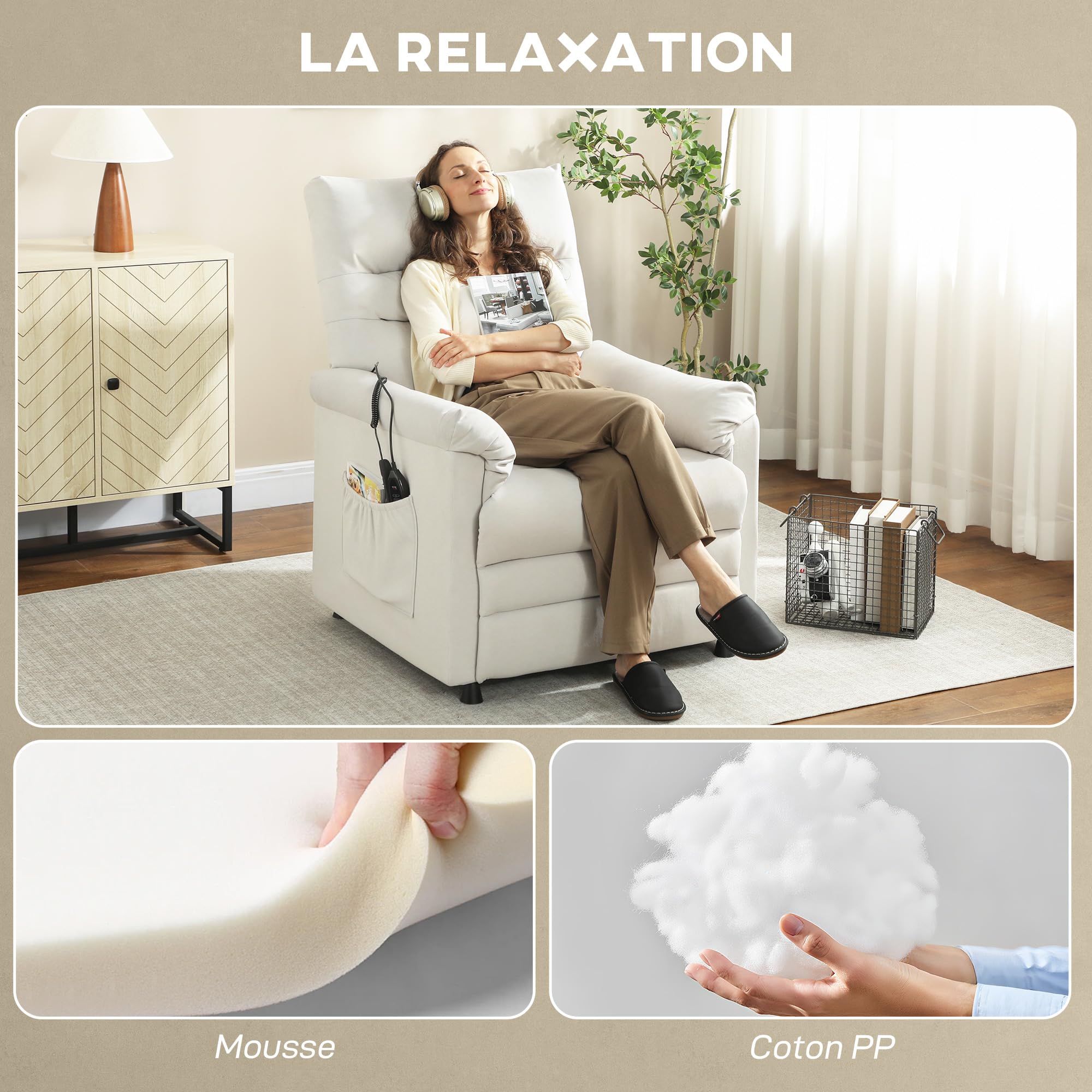 HOMCOM Fauteuil Relax électrique massant et Chauffant, Fauteuil inclinable en Velours adapté aux Animaux, Repose-Pieds, Moteur Silencieux, mémoire, Port USB, Poches latérales et télécommande, crème
