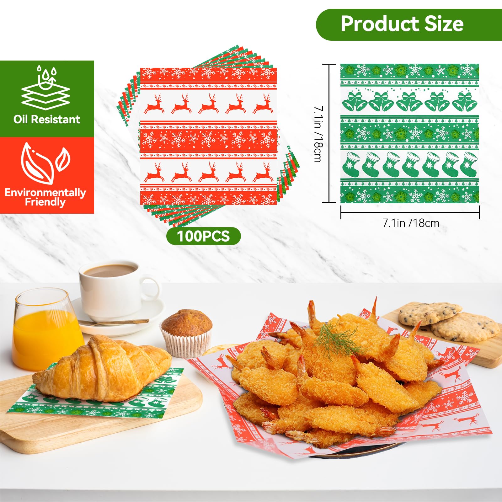Weihnachtliches Einschlagpapier Für Lebensmittel – 100 Blätter, 25 X 21,5 Cm, Fettdicht – Ideal Für Burger, Sandwiches & Süßigkeiten