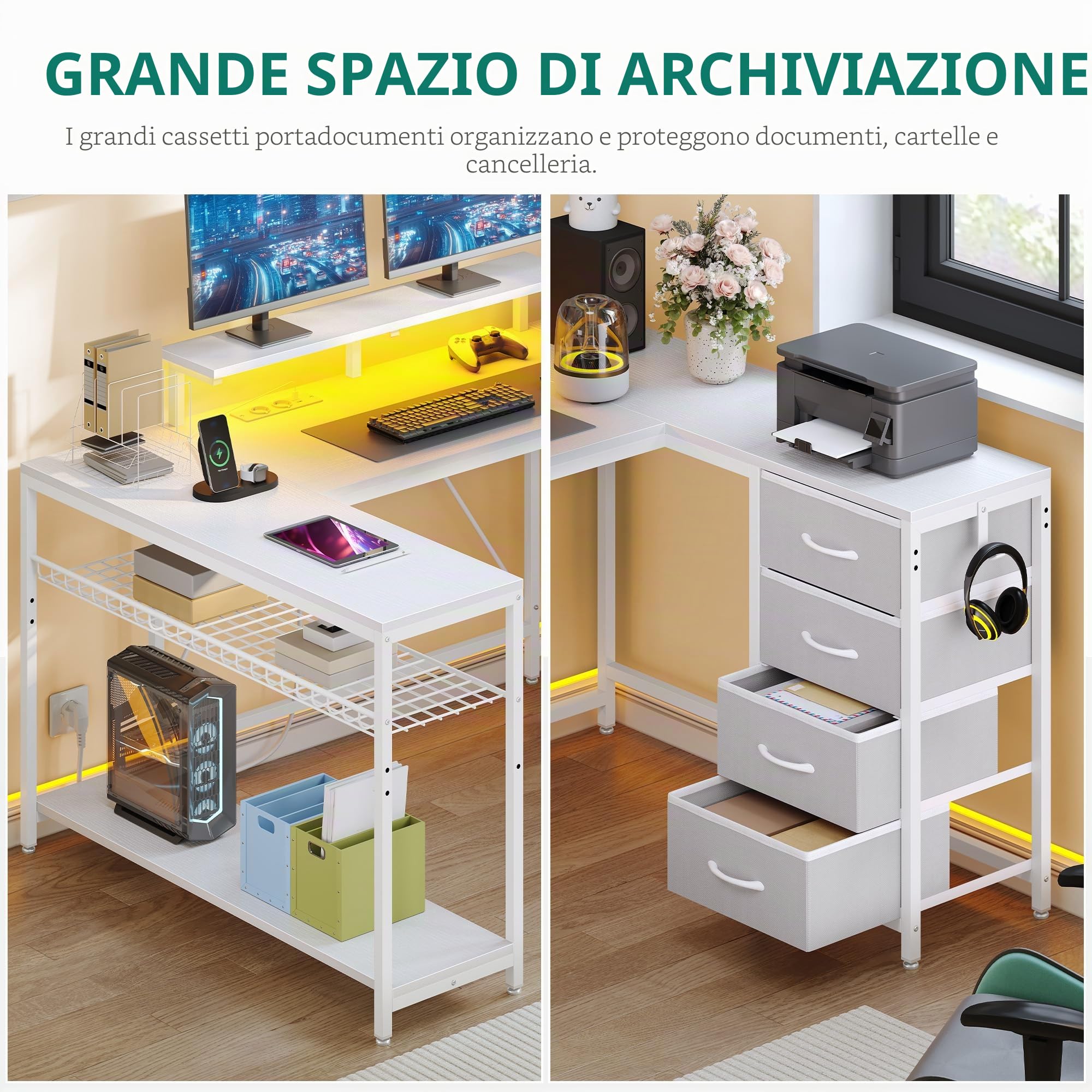 YITAHOME Scrivania angolare con 4 cassetti e spazio di archiviazione, scrivania da gioco con LED e supporto per monitor per casa, ufficio, scrivania angolare reversibile con 2 prese e 2 porte di