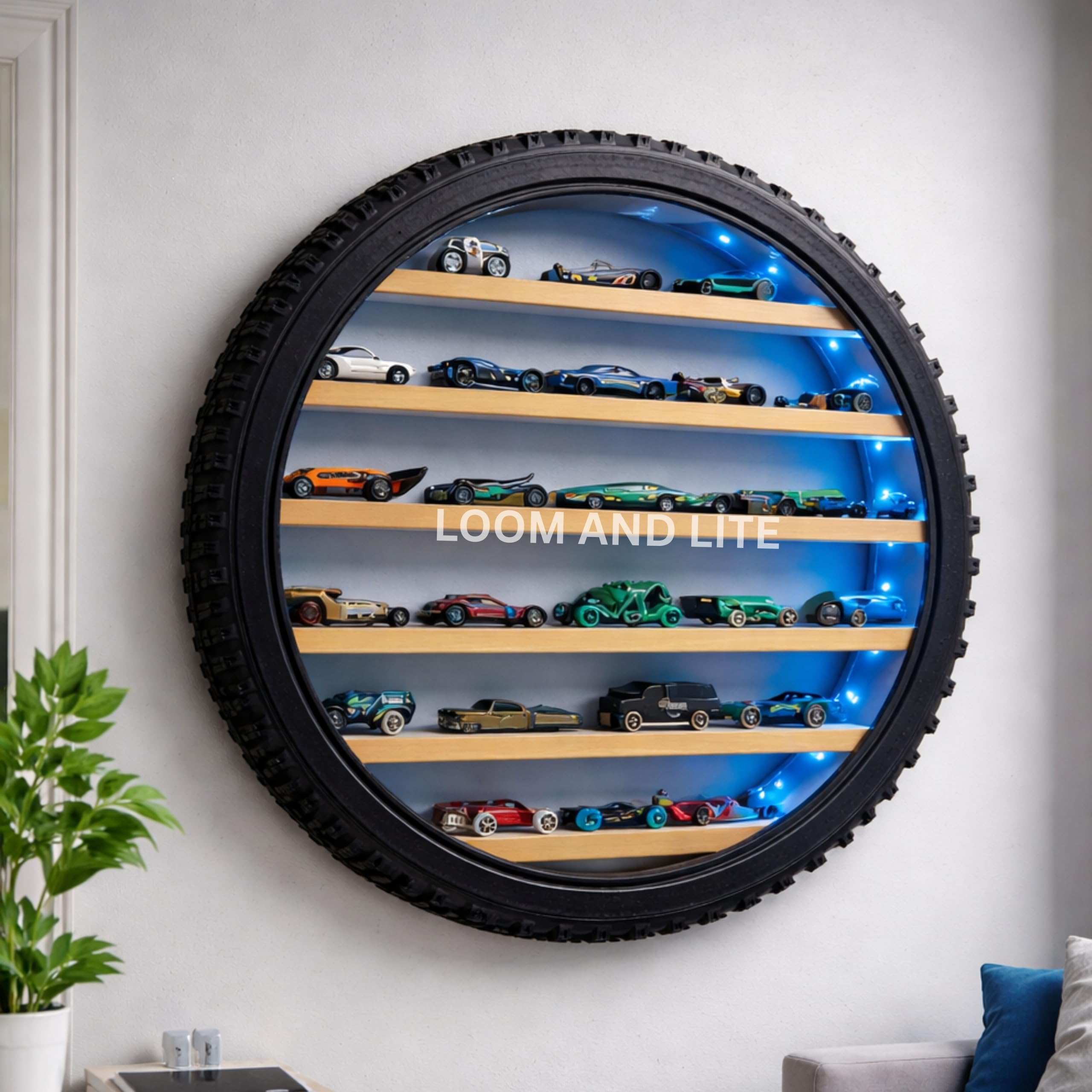 LOOM AND LITE Wooden Wall Hanging Lighting Tyre Shelf Wall Mounted Storage Rack with Tire Frame Design, RGB Backlight for Kids Room, Boys Bedroom & Playroom Décor (Blue Without Toys)