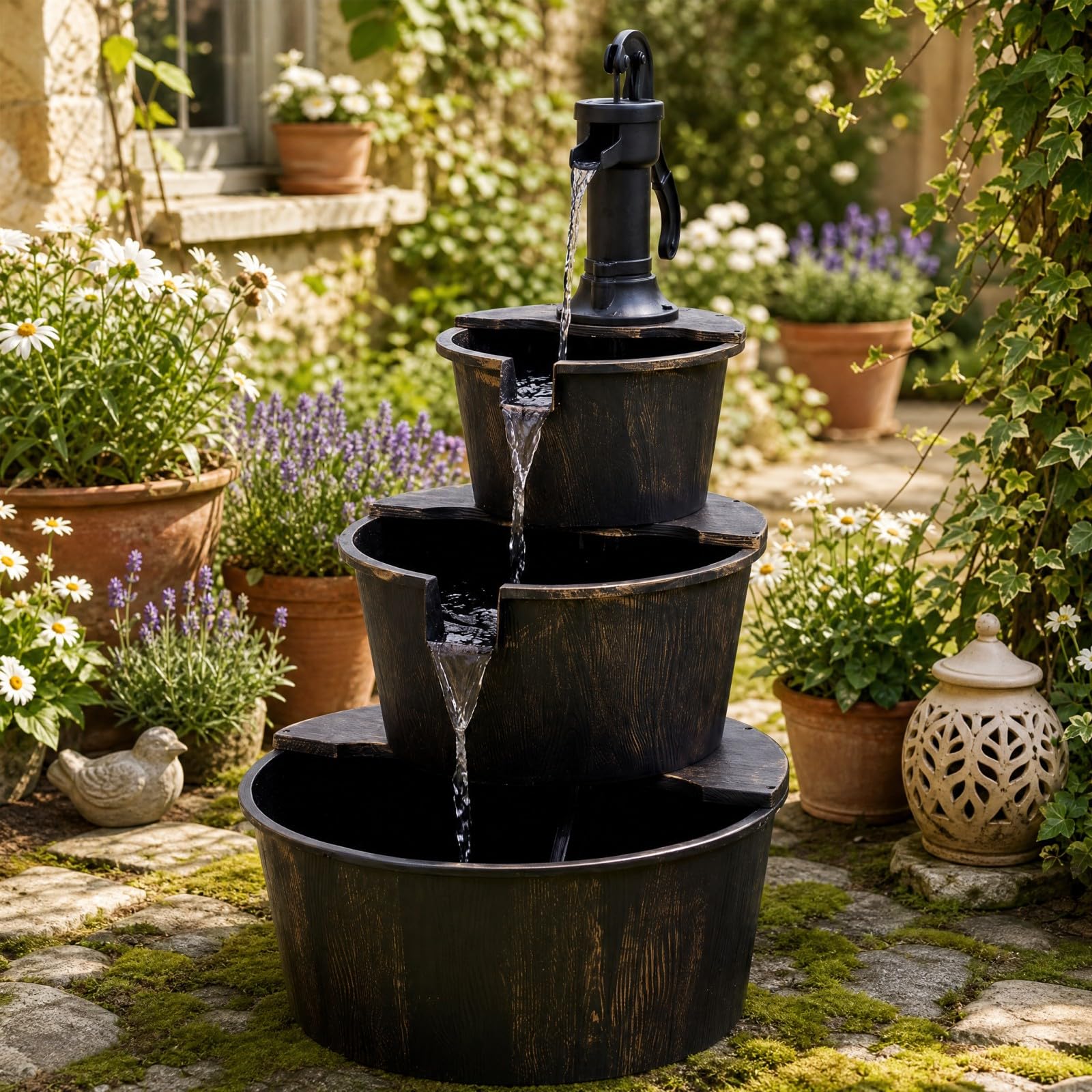 HOMASIS Fontana Decorativa da Giardino a 3 Livelli con Pompa Silenziosa | Fontanella a Cascata da Esterno in Stile Rustico con Velocità Regolabile per Balcone e Terrazza, Bronzo Antico, 52x60x92,5 cm