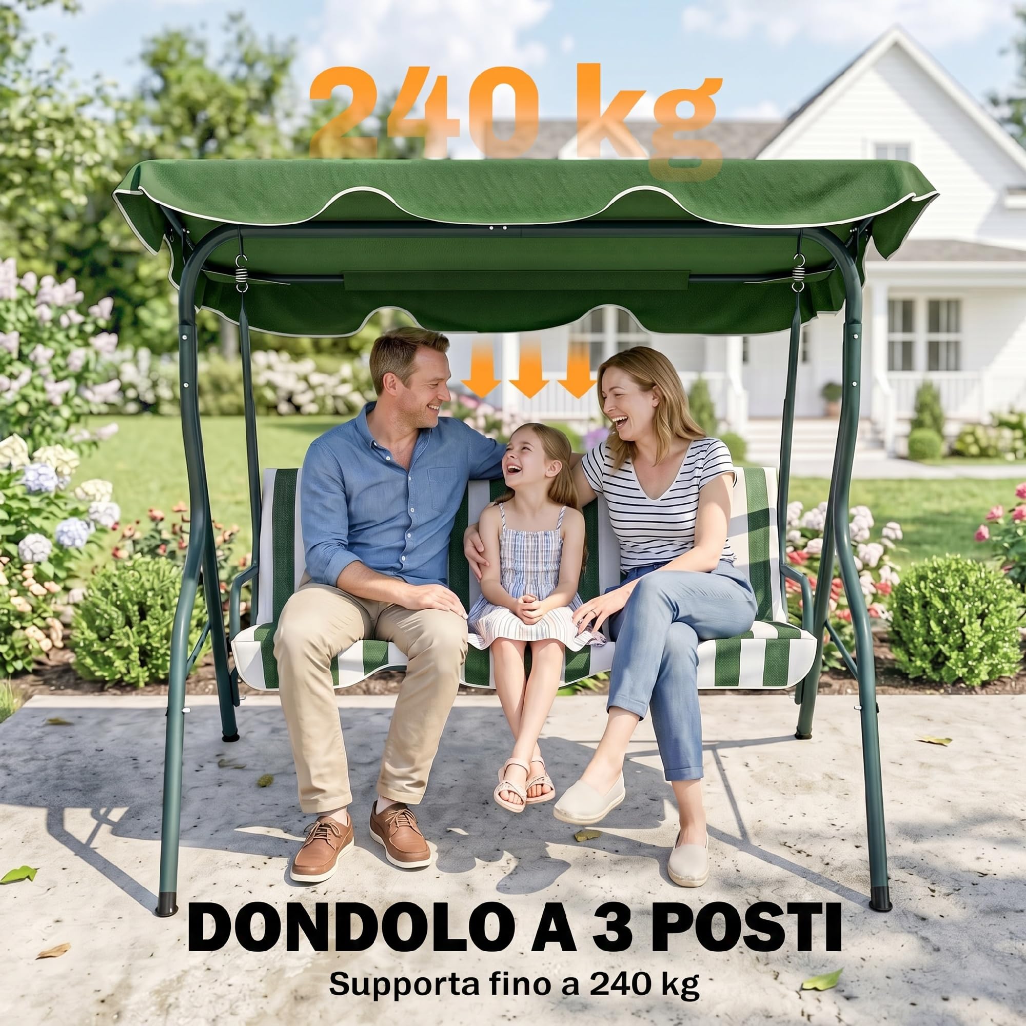 Outsunny Dondolo da Giardino 3 Posti con Tettuccio Parasole Regolabile Rimovibile, Dondolo da Esterno con Cuscino Morbido in Poliestere, Portata 240 kg, 170x110x153 cm, Verde e Bianco