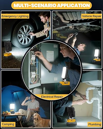 Vista 28 de LIVOWALNY Luz de trabajo LED compatible con batería Dewalt de 20 V, linterna inalámbrica de 38 W 3800 LM, herramientas de 20 V, reflector portátil