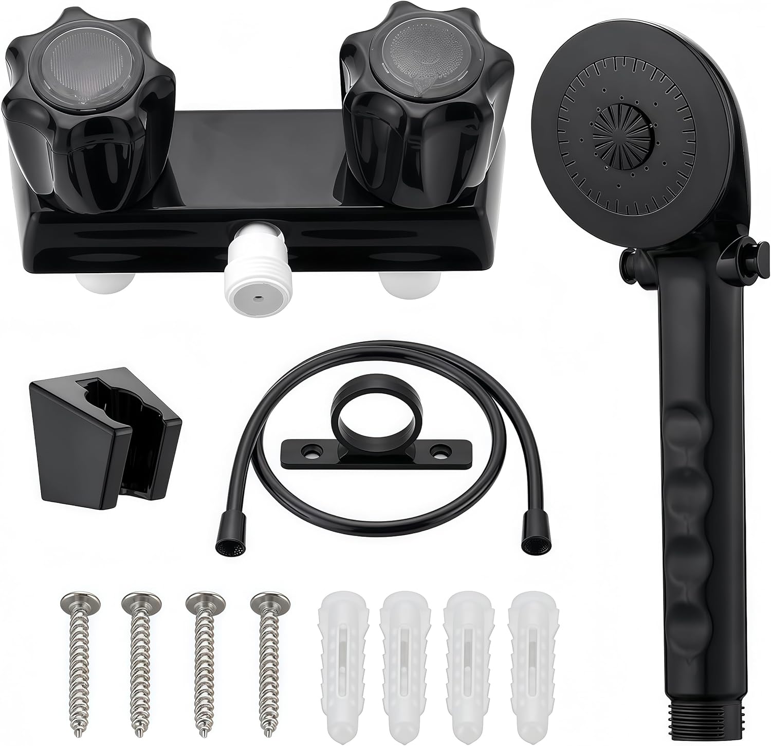RV Shower Faucet with Showerhead & Hose – Outdoor Non-Metallic RV Shower Kit, On/Off Valve & Diverter, Handheld Shower Replacement for RVs, Motorhomes, Campers, Travel Trailers (Black)