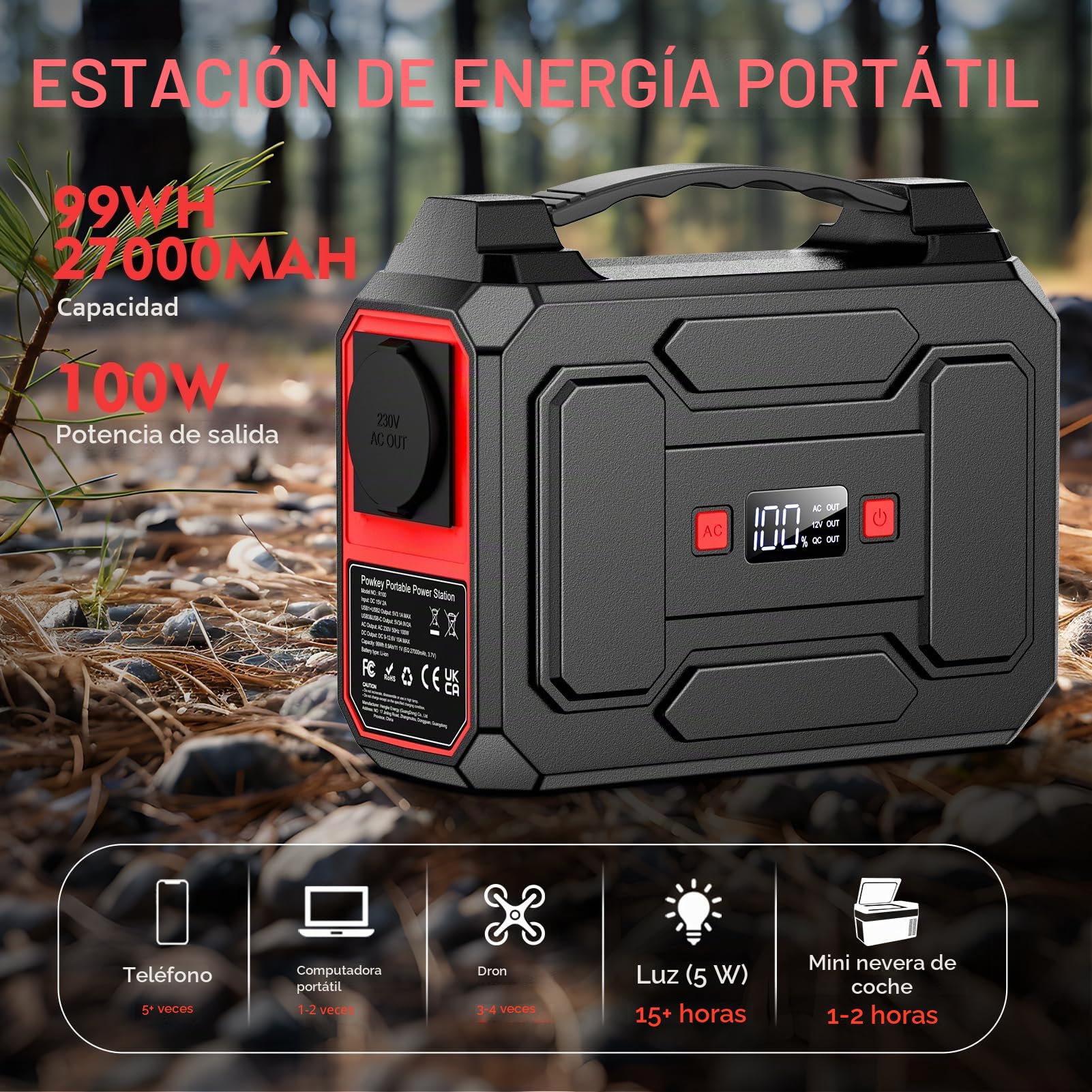 Powkey Estación de energía portátil 99 Wh/27000 mAh, 100 W, generador solar con salida de 230 V CA, QC 3.0, 18 W, USB/tipo C, para camping, autocaravanas con enchufe