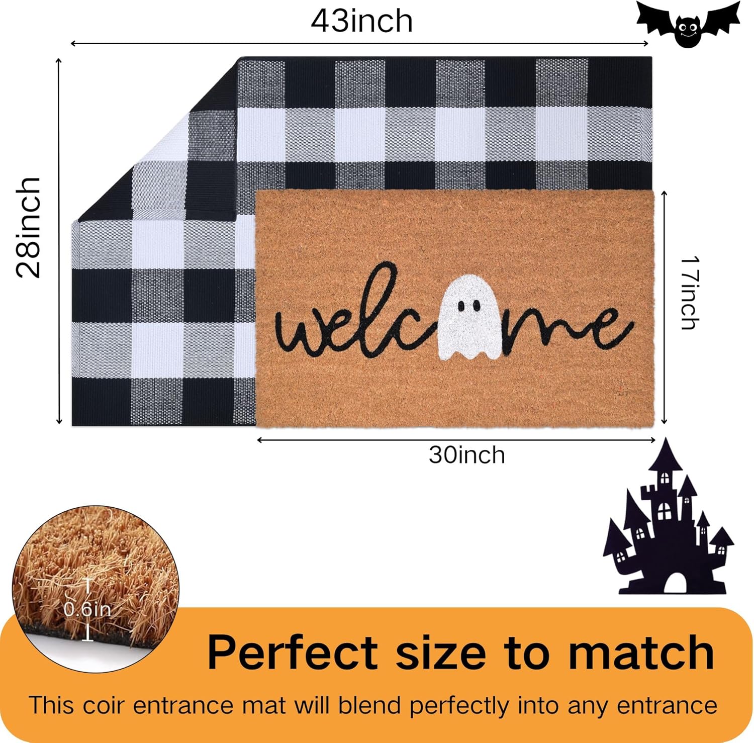 Halloween Door Mat Combo Set, Welcome Ghost Coco Coir Welcome Doormat + 28" x 43" Black and White Plaid Rug, Autumn Halloween Front Porch Entryway Decor Floor Mat