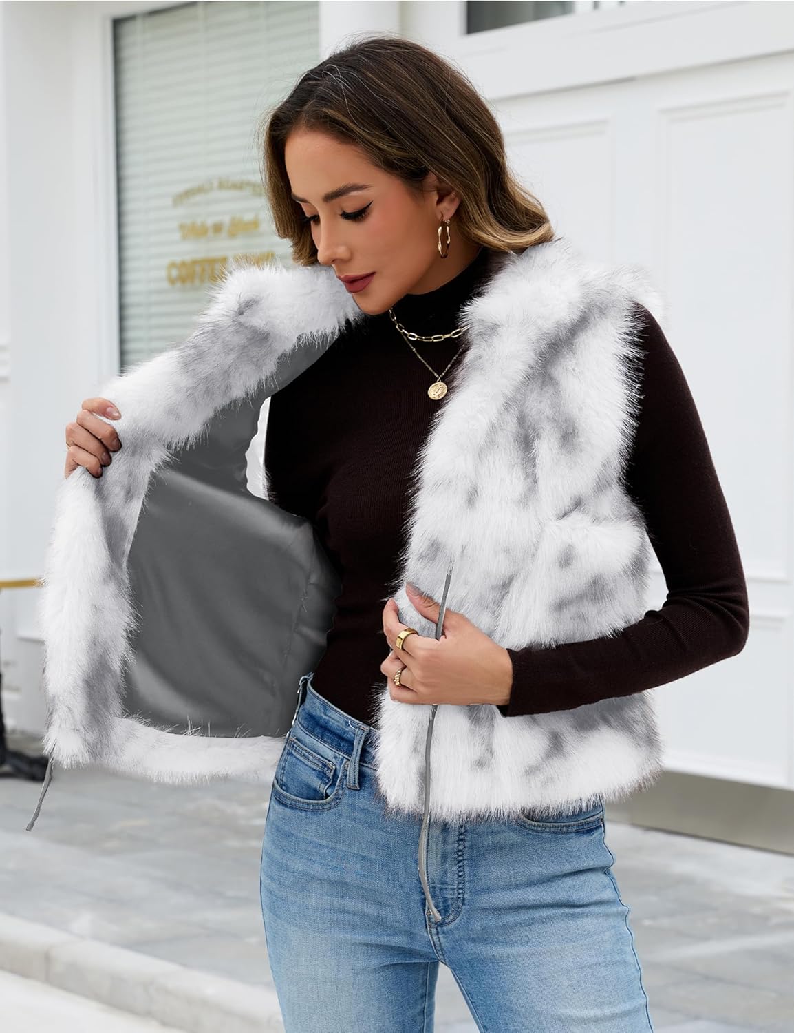 Womens Faux Fur Vest Sleeveless Tie front Cardigan Top Fuzzy Coats Jacket Fluffy Outwear with 2 Side Patch Pockets