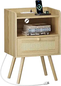 SUPERJARE Nightstand with Charging Station & Rattan-Like Decor Drawer, Rattan End Table with Solid Wood Feet, Bed Side Table with Open Storage, for Bedroom, Living Room, Dormitory - Natural