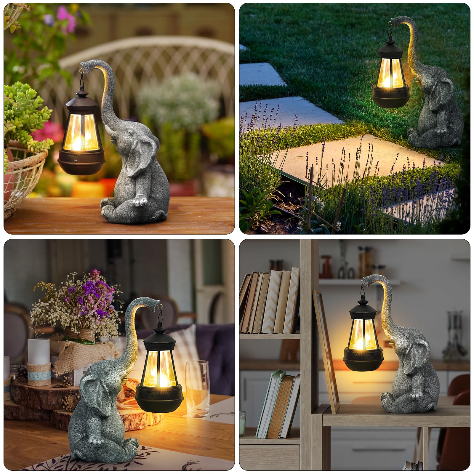 Flintronic Elefante Estatua decoración, 33.5cm Figuras Decorativas de Jardín luz Solar, con Farolillo Solar, para Exteriores, Escultura de Resina