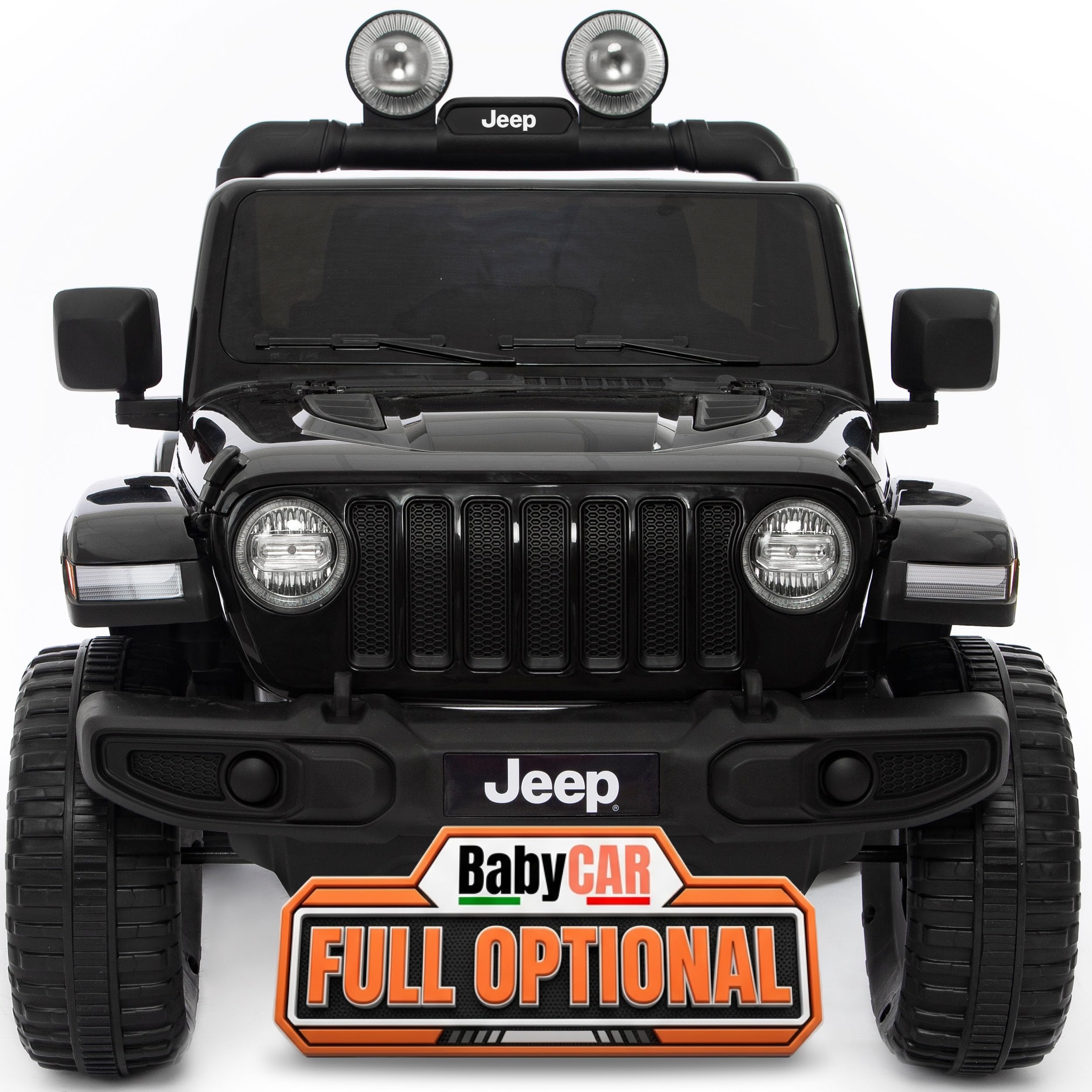 BabyCar Jeep Elettrica Per Bambini | Auto con Sedili in Pelle, Porte Apribili, MP3/USB/Micro SD | Macchina Elettrica per Bambini 12V con 2 Motori 35W | Licenza Ufficiale Jeep | Nero