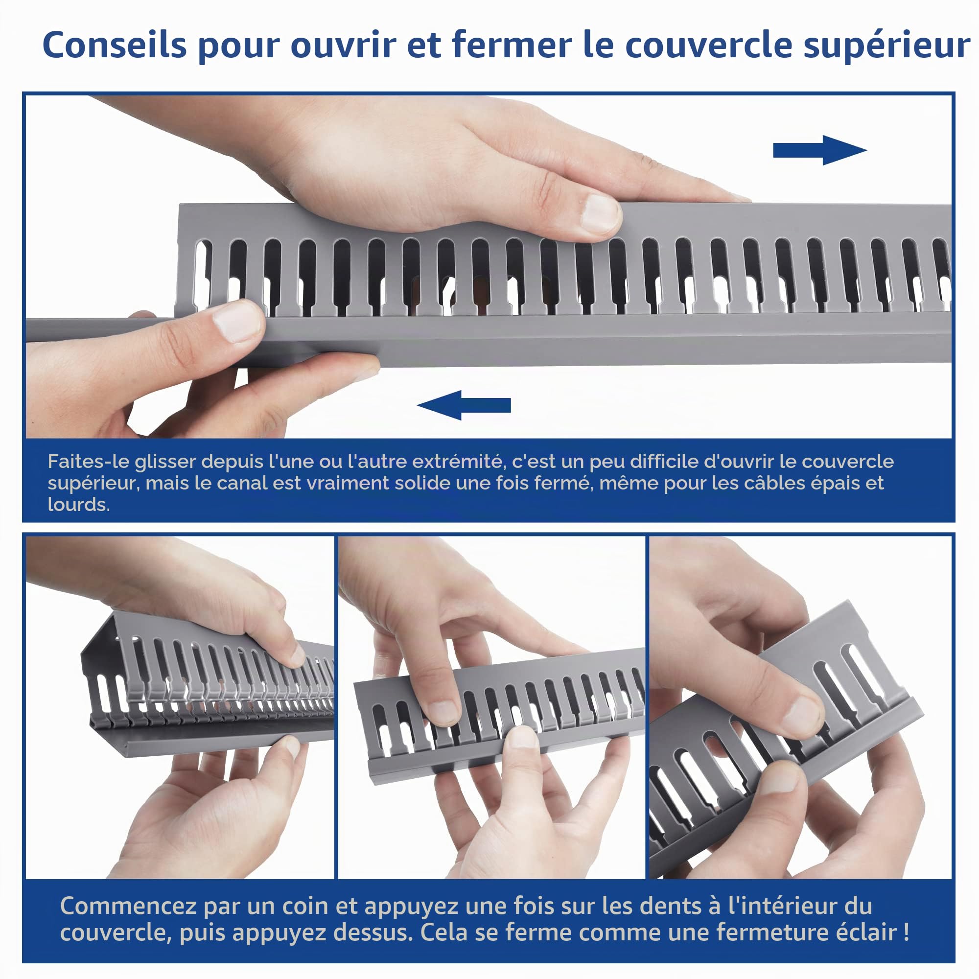 ZhiYo Chemin de câbles professionnel pour armoire serveur de 240 cm de long (4 x 60 cm), chemin de câbles de 5 x 6 cm (H x l) - PVC électriquement sûr, fentes ouvertes pour dissimuler des câbles sous