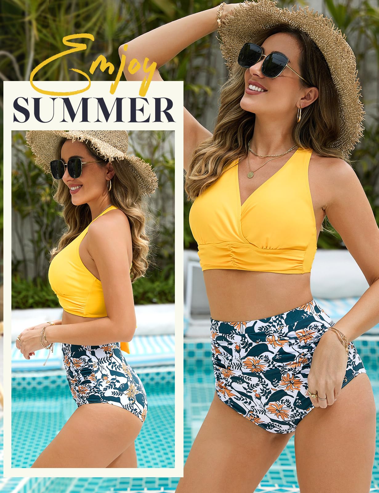 Voqeen Donna Costume da Bagno Vita Alta Push Up Imbottito Reggiseno Bikini Donna Due Pezzi Tummy Control Regolabile Costume da Bagno