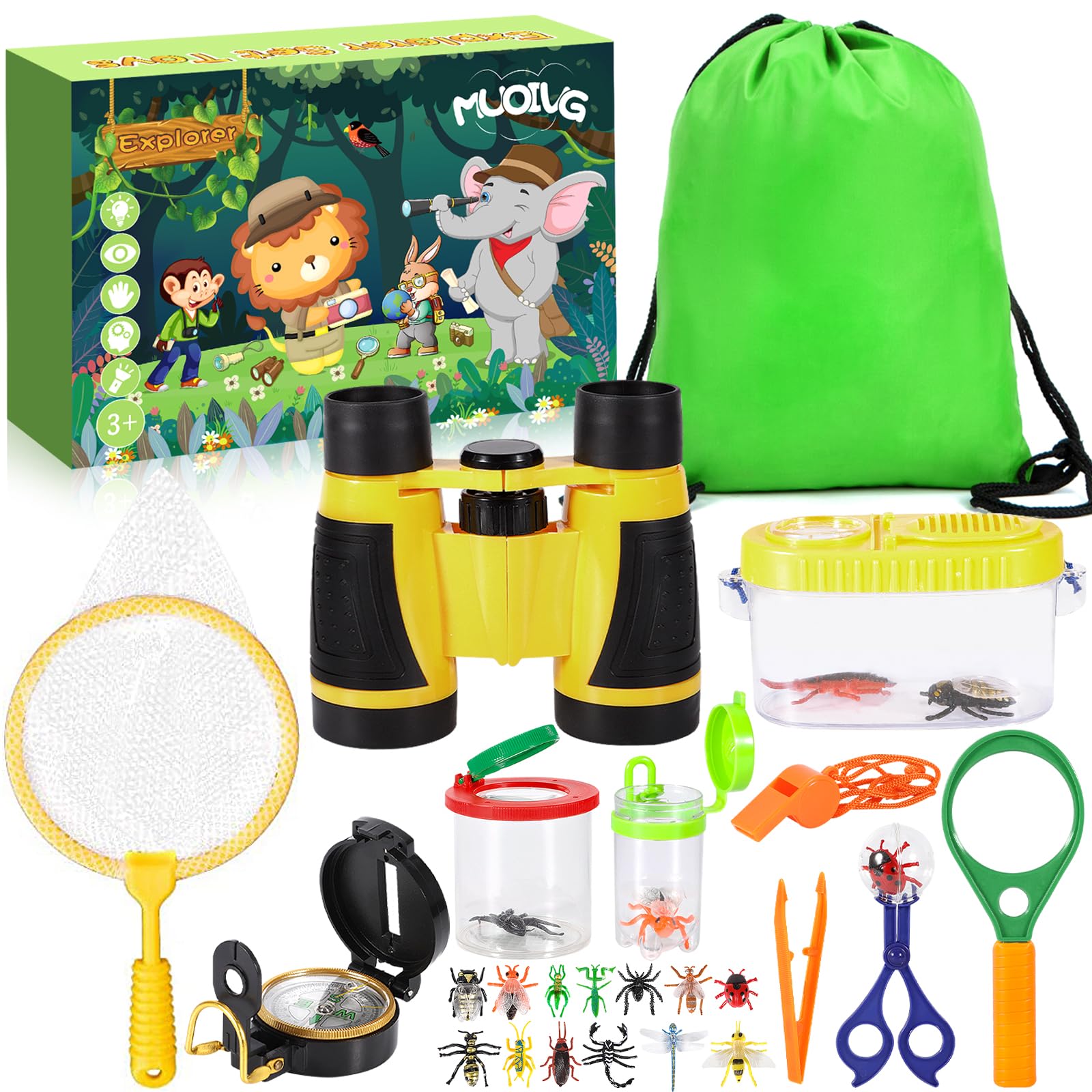 Set di Giocattoli da Esploratore Esterno, binocolo per Bambini 27 Pezzi Set da Esploratore per Bambini avventuriero,Giocattoli da Regalo incl pinzette, Bussola, Fischio, Lente d'Ingrandimento
