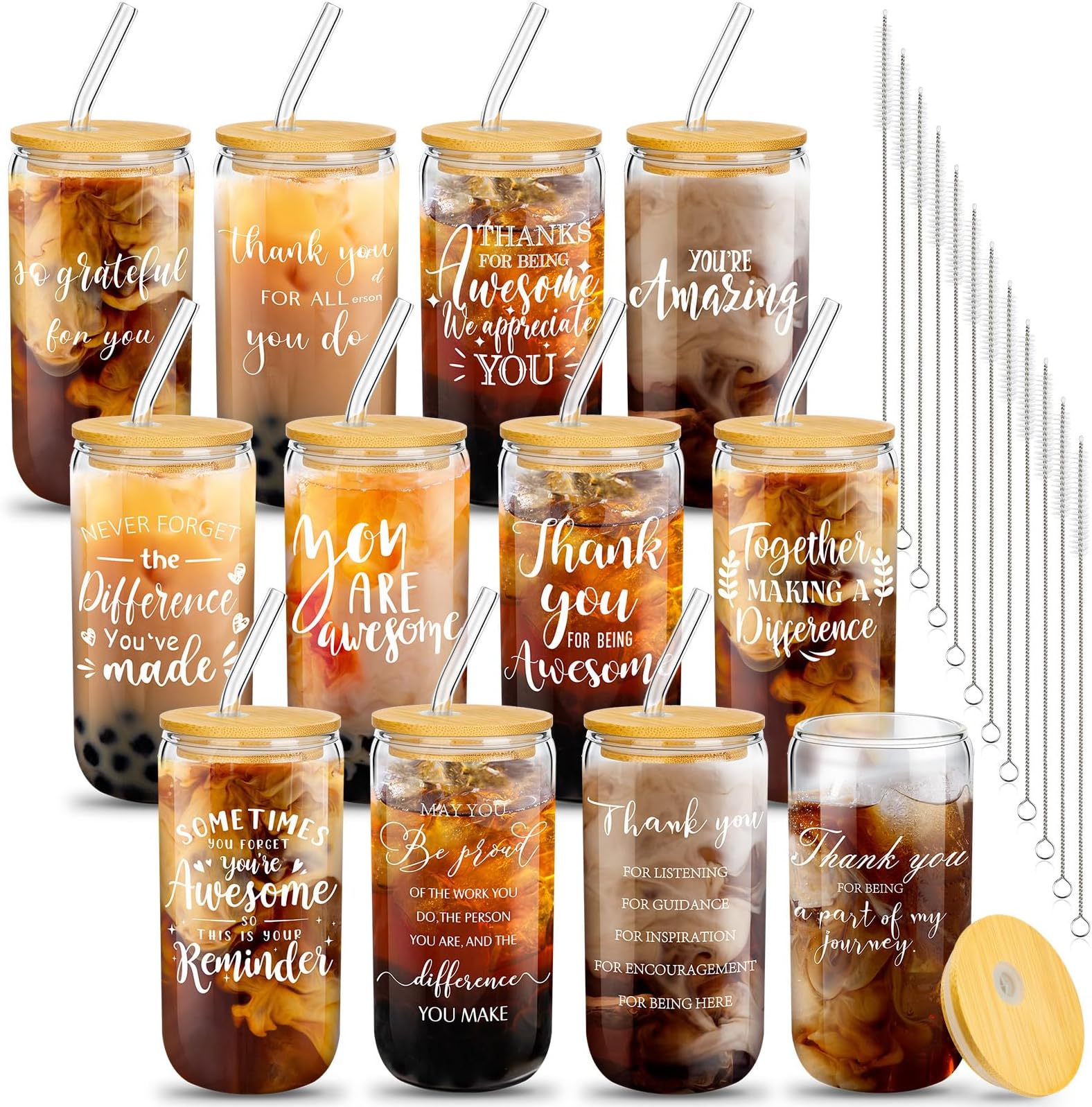 12 Set Employee Appreciation Gifts Thank You Gifts for Staff Coworker Thank You Glass Cups 16 oz Can Shaped Beer Glass with Lids Straws Brushes for Teacher Nurse(Stylish Style)