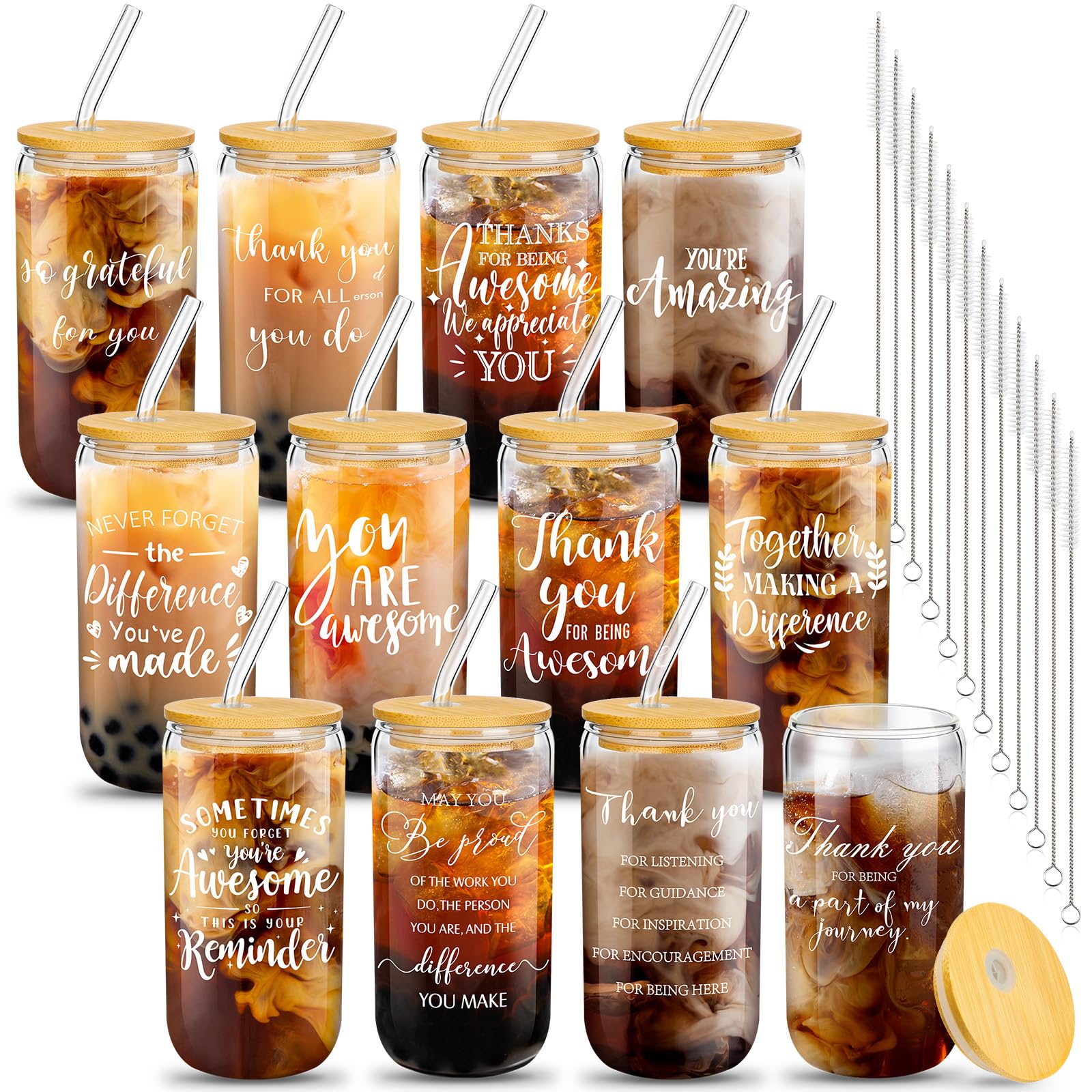 12 Set Employee Appreciation Gifts Thank You Gifts for Staff Coworker Thank You Glass Cups 16 oz Can Shaped Beer Glass with Lids Straws Brushes for Teacher Nurse(Stylish Style)