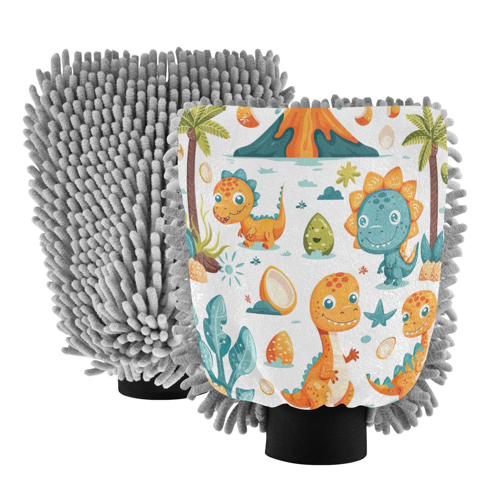 Kigai Cartoon Dinosaur Car Wash Mitt Microfiber, 2Pcs Scratch Free Lint-Free, Premium Chenille Microfiber Mitt Car Wash Brush-M