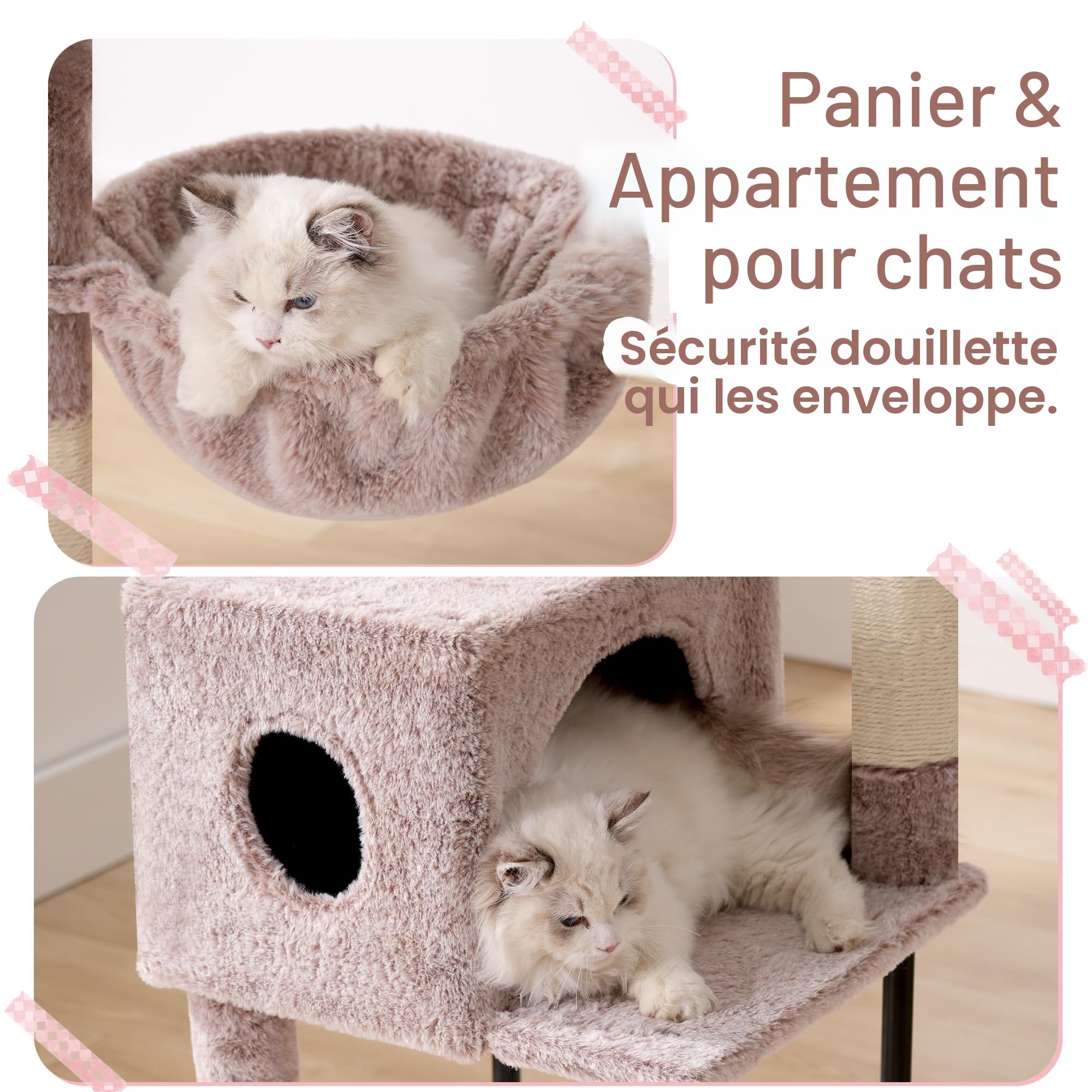 Heybly Arbre À Chat, 125 Cm Petit Arbre avec Niche, Plateforme Douce, Griffoir en Sisal, Panier Et Structure en Acier Robuste, Marron Beige HCT200SMU