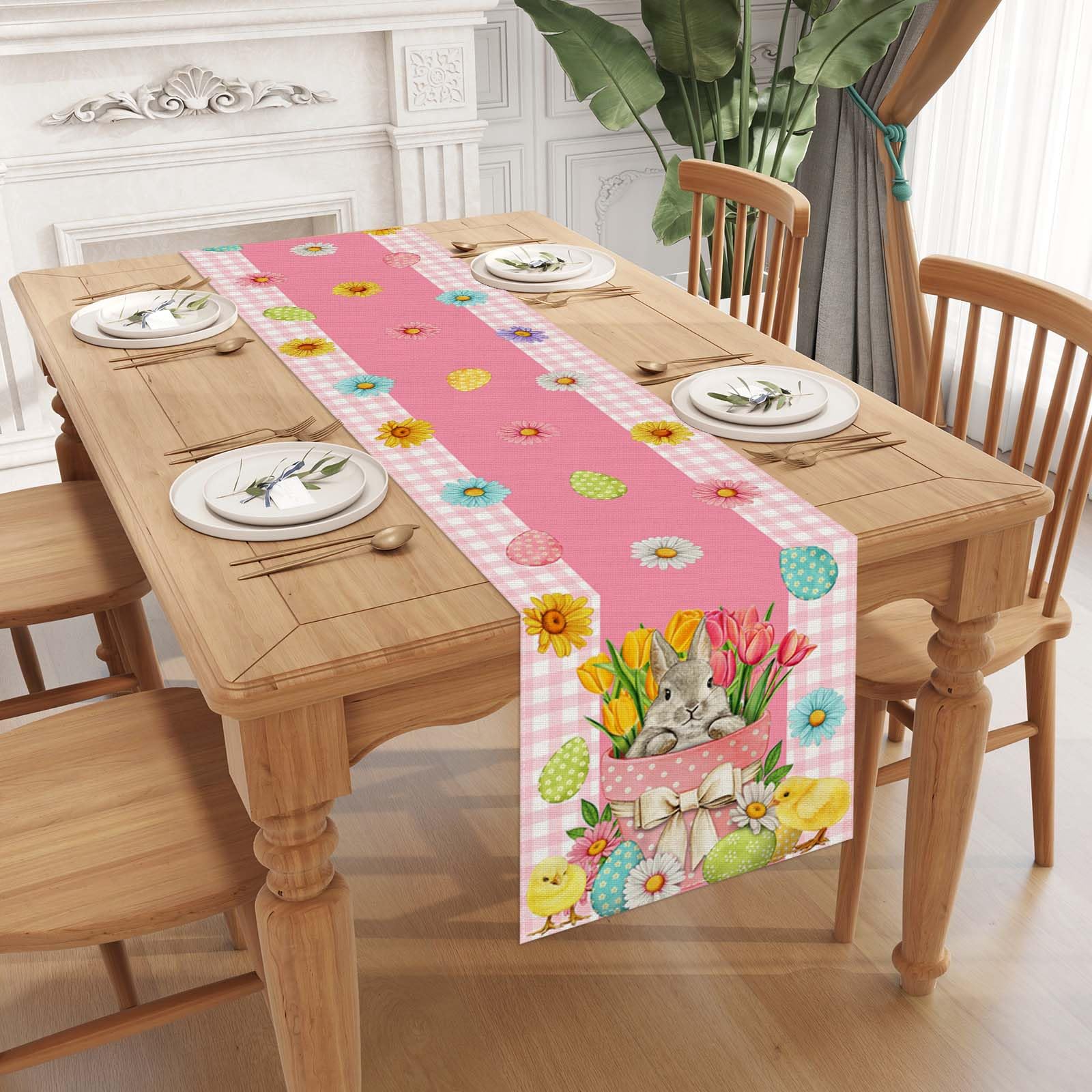 1 Pieza Corredor De Mesa De Pascua Conejo Conejo Flores Hojas Tartán Buffalo Rosa Corredor De Mesa De Temporada Estilo Pequeño Fresco Decoración De Mesa De Cocina Estacional Para Decoración De Fiesta