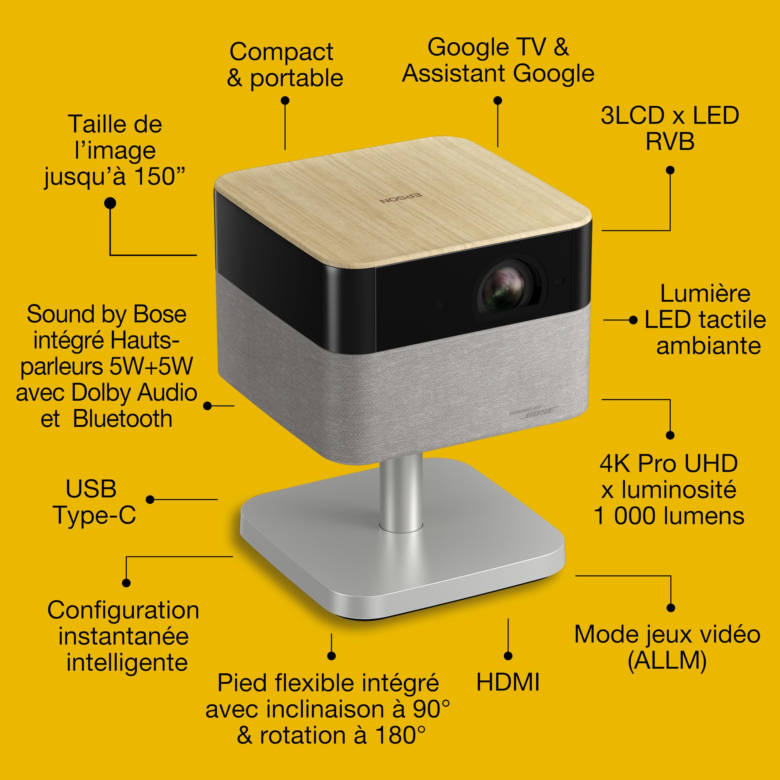 Epson Lifestudio Flex Plus EF-72 | Projecteur TV Intelligente Portable, 4K Pro-UHD | 1 000 lumens | 3LCD x RGB-LED | Sound by Bose | Google TV | Config. aisée | Écran 150 po | Garantie 5 Ans | Chêne