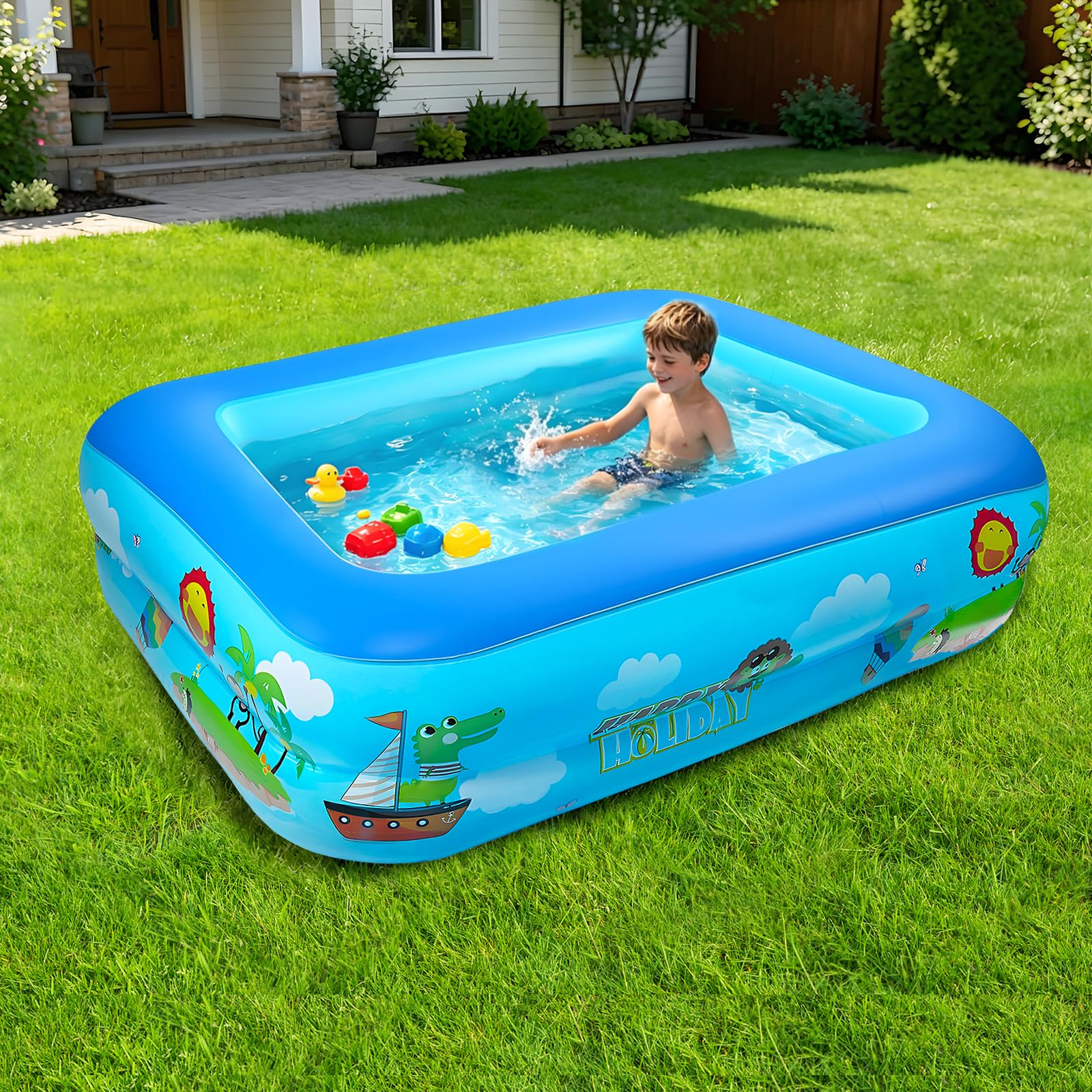 Piscina Gonfiabile Bambini Rettangolare, 120 cm Piscina per Bambini in PVC, Piscina Gonfiabile Rettangolare, Piscine Rettangolari Gonfiabili per Interni ed Esterni, Portatile e Resistente