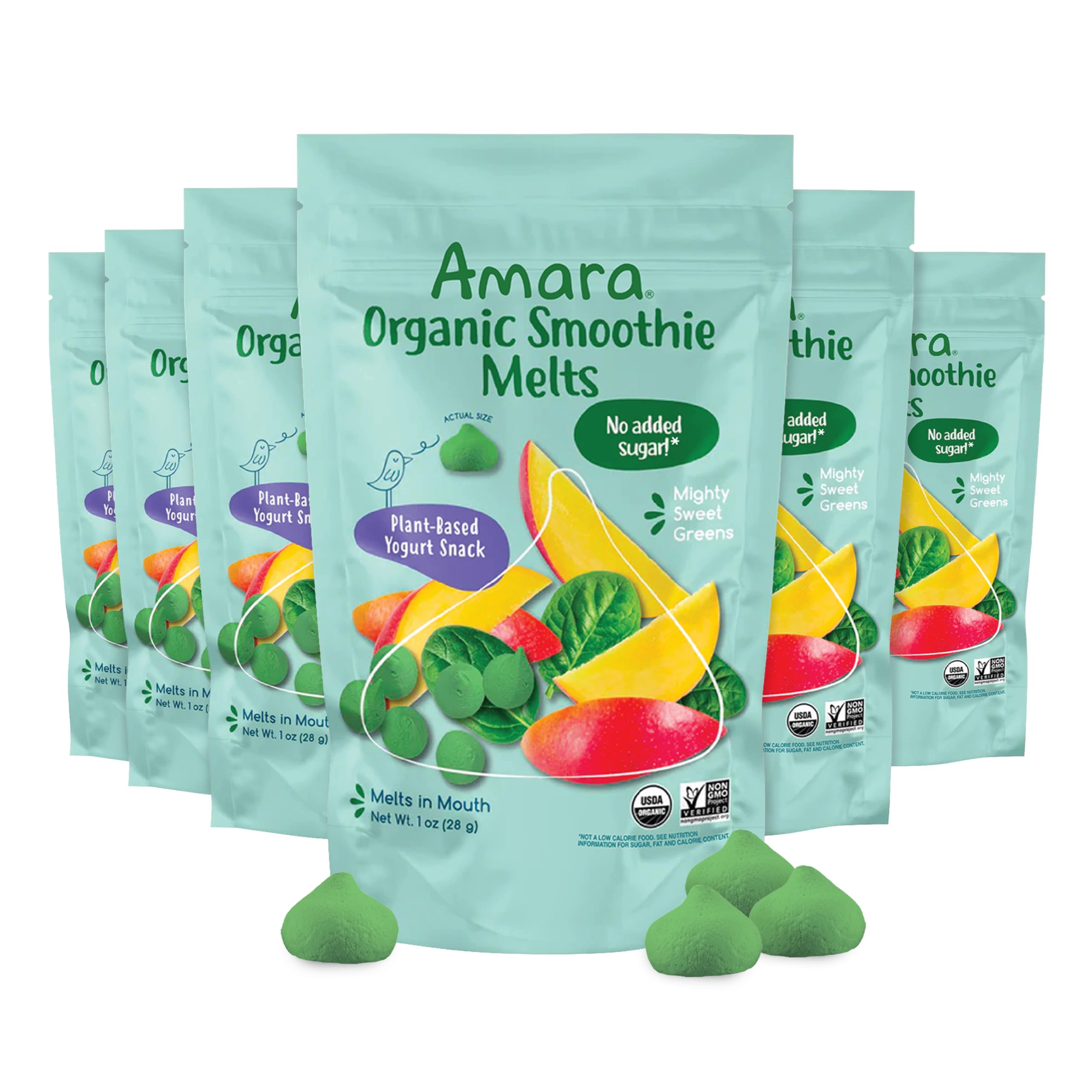Amara Smoothie Melts - Mighty Sweet Greens - Baby Snacks Made With Fruits and Vegetables - Healthy Toddler Snacks For Your Kids Lunch Box - Organic Plant Based Yogurt Melts - 6 Resealable BagsUSDA Organic