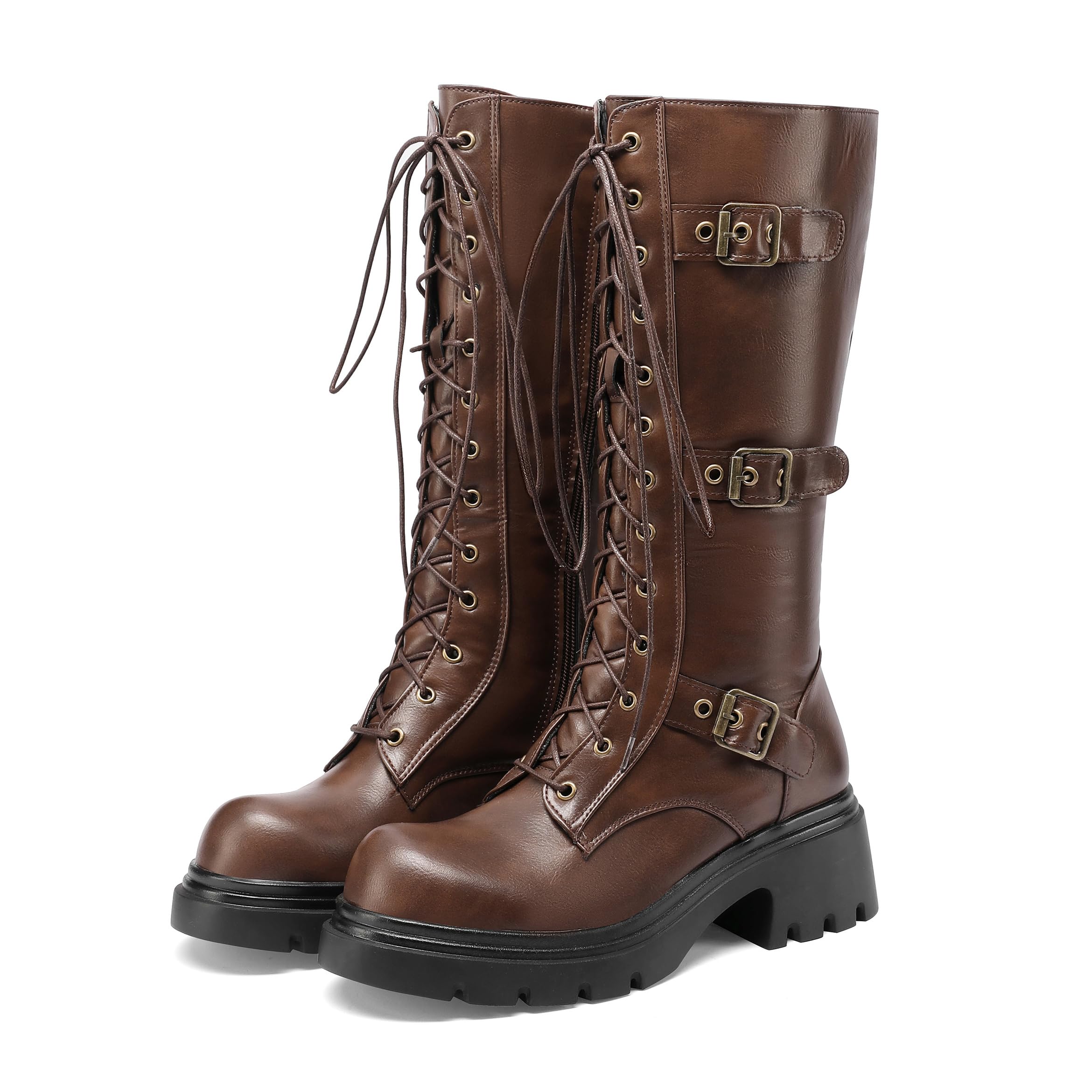 BEAUPAS Womens Combat Boots Knee High Platform Boots with Buckles Lace-Up Gothic Chunky