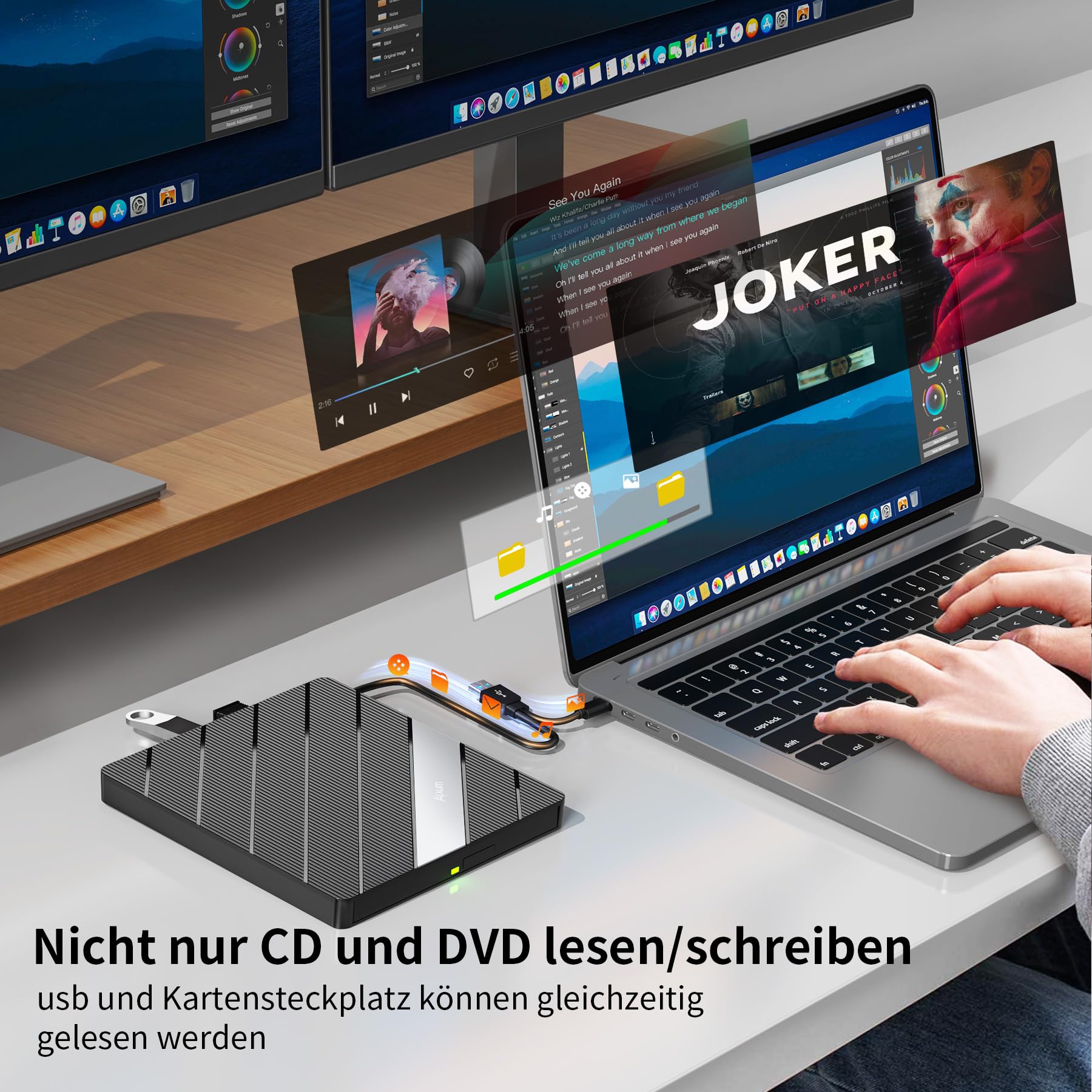 Alxum Externes DVD Laufwerk - USB 3.0 Type C CD Laufwerk extern USB mit SD/TF Kartenleser und USB Anschlüsse, Externer CD Brenner für Laptop,Desktop,Windows,Linux,Mac OS,Vista
