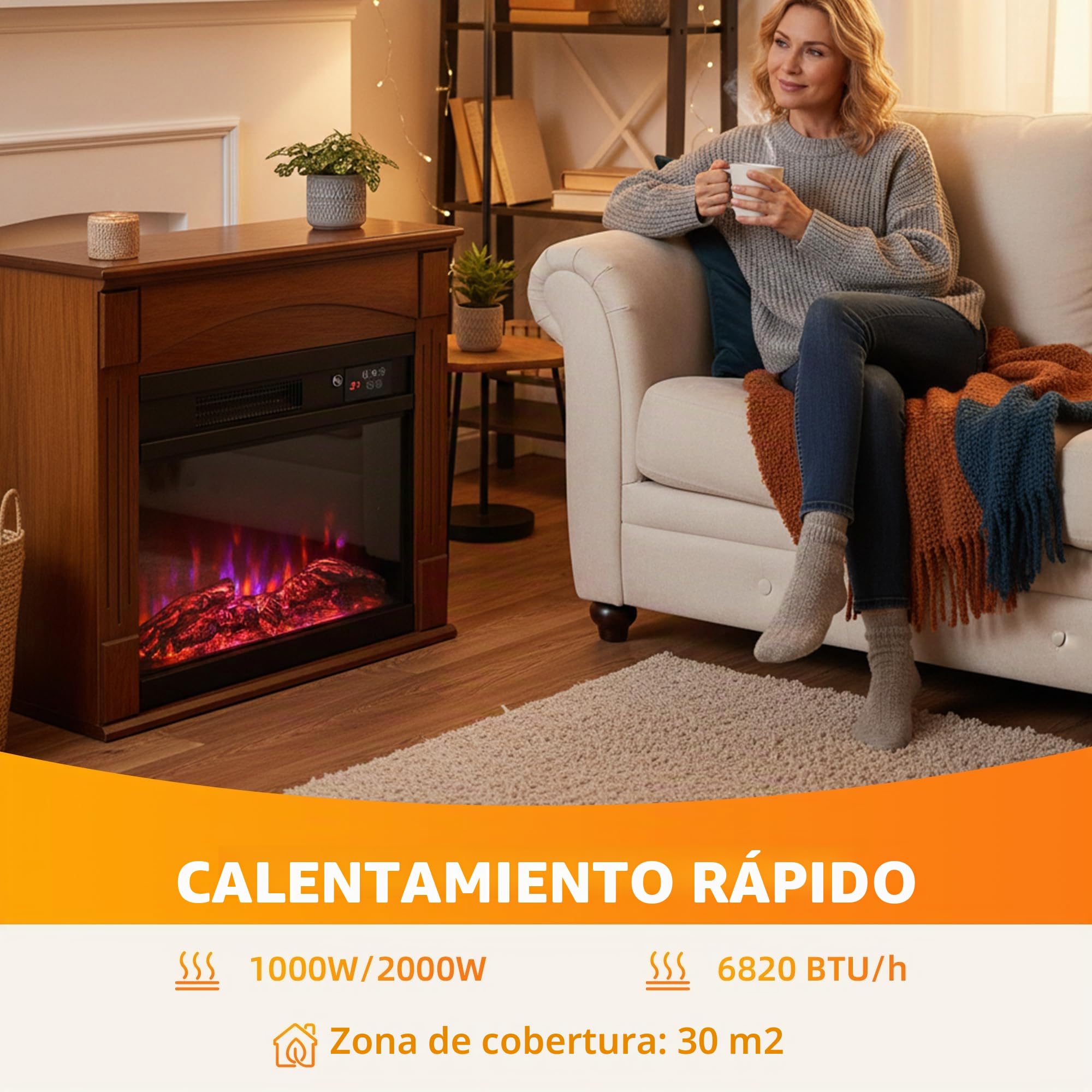 HOMCOM Chimenea Eléctrica 1000W/2000W Efecto Llama 3D 6 Colores Marrón
