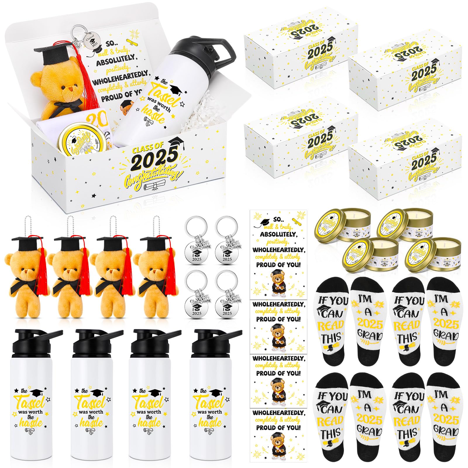 Skylety 4 Sets 28 Pcs Graduation Gifts for Him Her Class of 2025 Congrats Grad Gifts Box Include 20oz Water Tumbler Scented Candle Graduation Bear