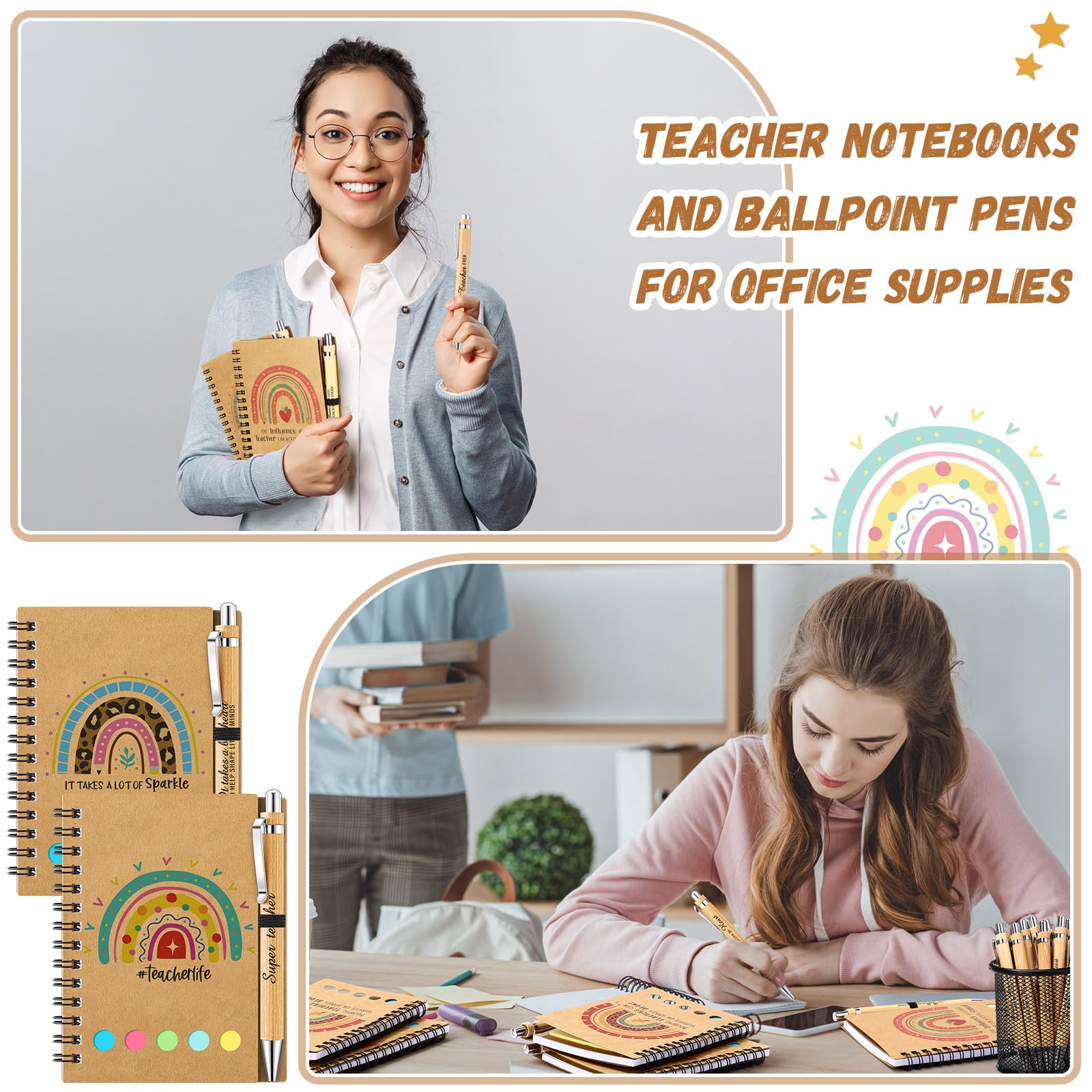 Resurhang 36 pezzi Regali per la settimana di apprezzamento degli insegnanti, regali per il ritorno a scuola, quaderni a spirale per insegnanti, copertina in carta kraft arcobaleno, con note adesive