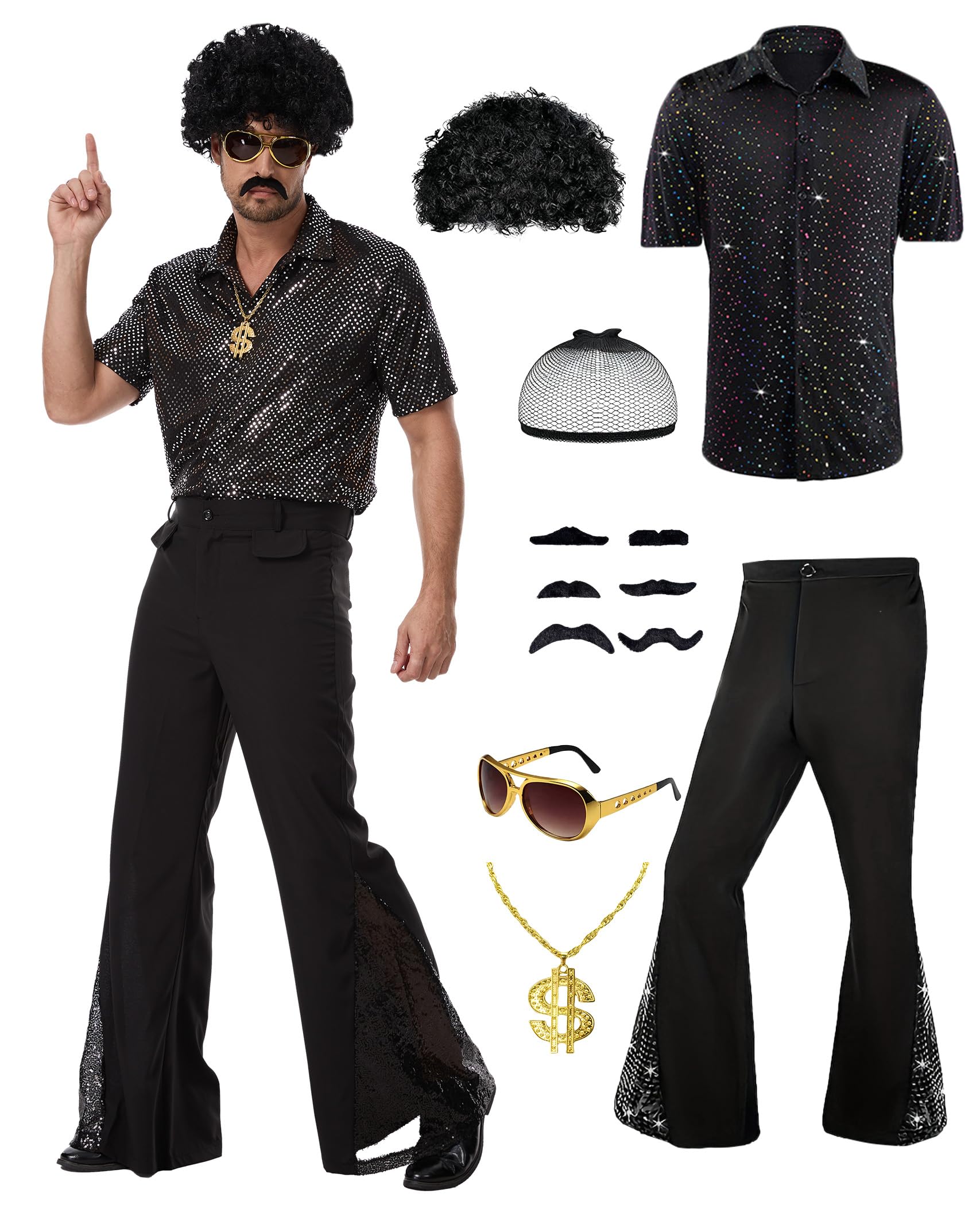 PQCXXA Men's 70s Disco Costume Set - Gold Sequin Shirt & Black Flared Trousers with Dollar Necklace, Sunglasses, Afro Wig & Moustache - Retro 1970s Fancy Dress Outfit for Men (Black, XXL)