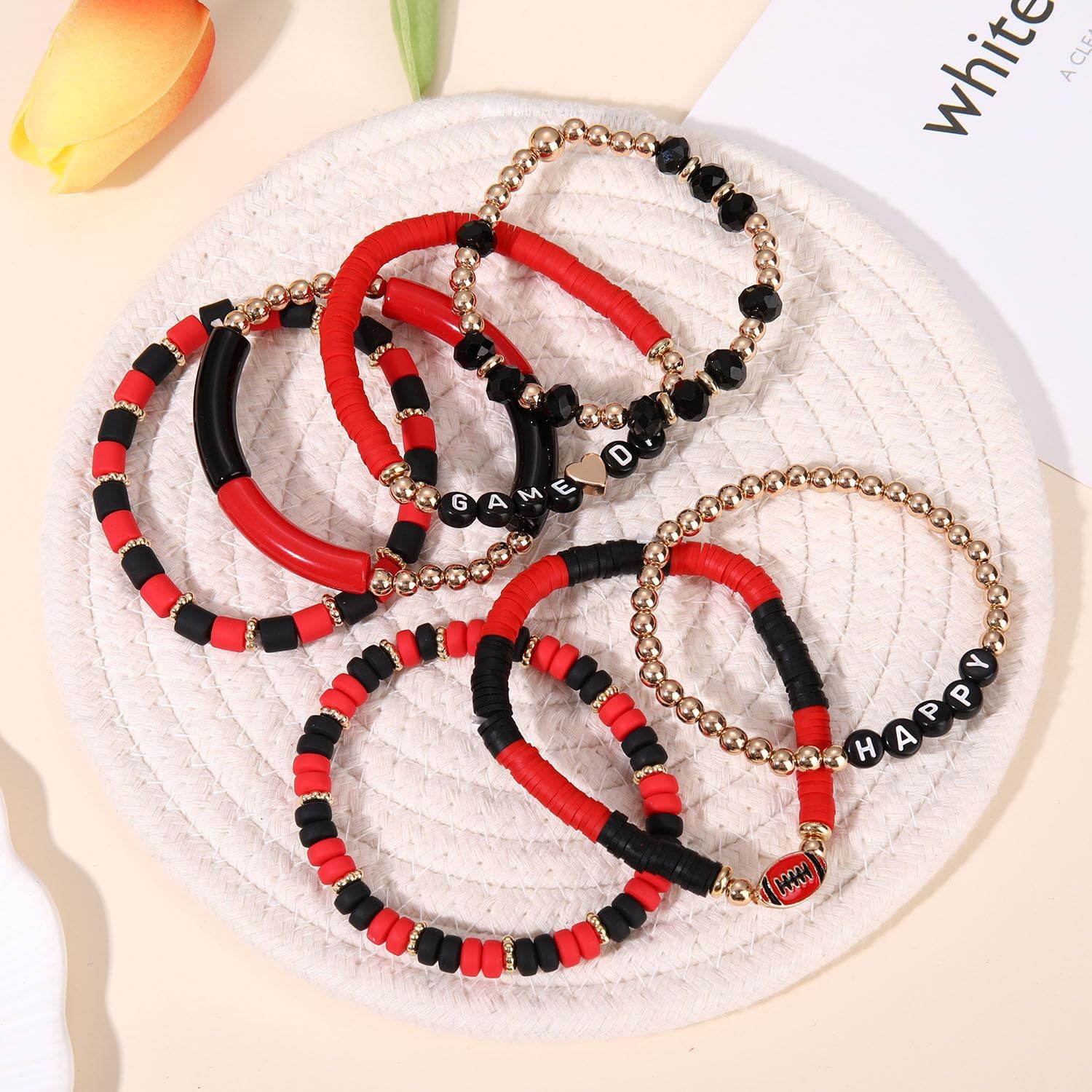 FAERLIIRY Game Day Bracelets for Women Football Bracelets Stackable Heishi Beaded Stretch Bracelets Sport Fan Bracelet Football Charm Bracelet Bangles Football Mom Accessories Outfits Jewelry - Image 2