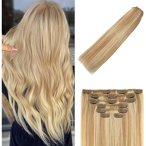 Clip in Hair Extensions Human Hair Balayage Reddish Brown to Blonde Highlights for Blonde 70g 22Inch 7PCS #12P613