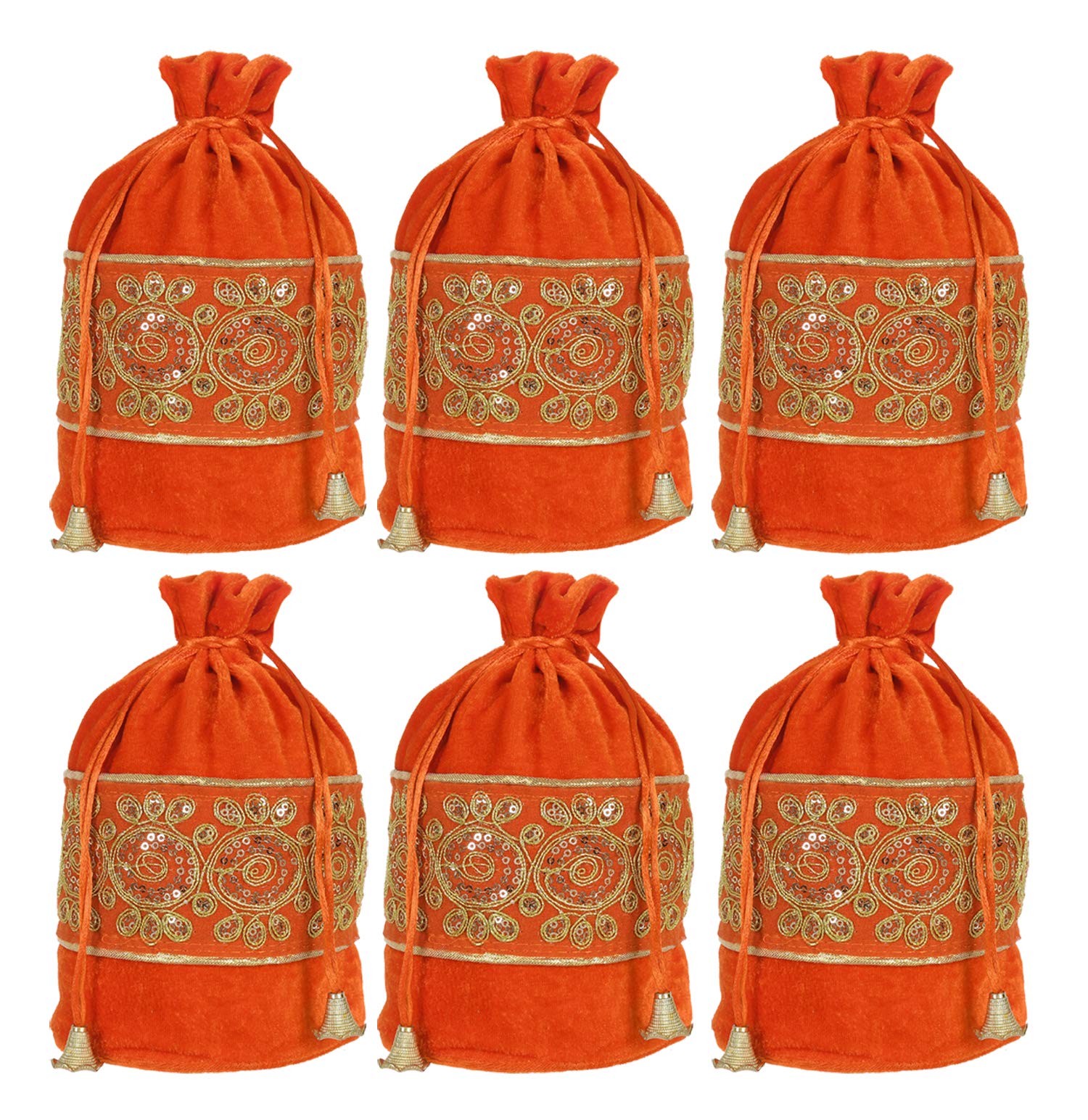 Kuber Industries Embroidered Design Potli Bags Handbags for Women Gifting Wristlets for Wedding, Festival, Kitty Subh Shagun-Pack of 6 (Orange)-image-32
