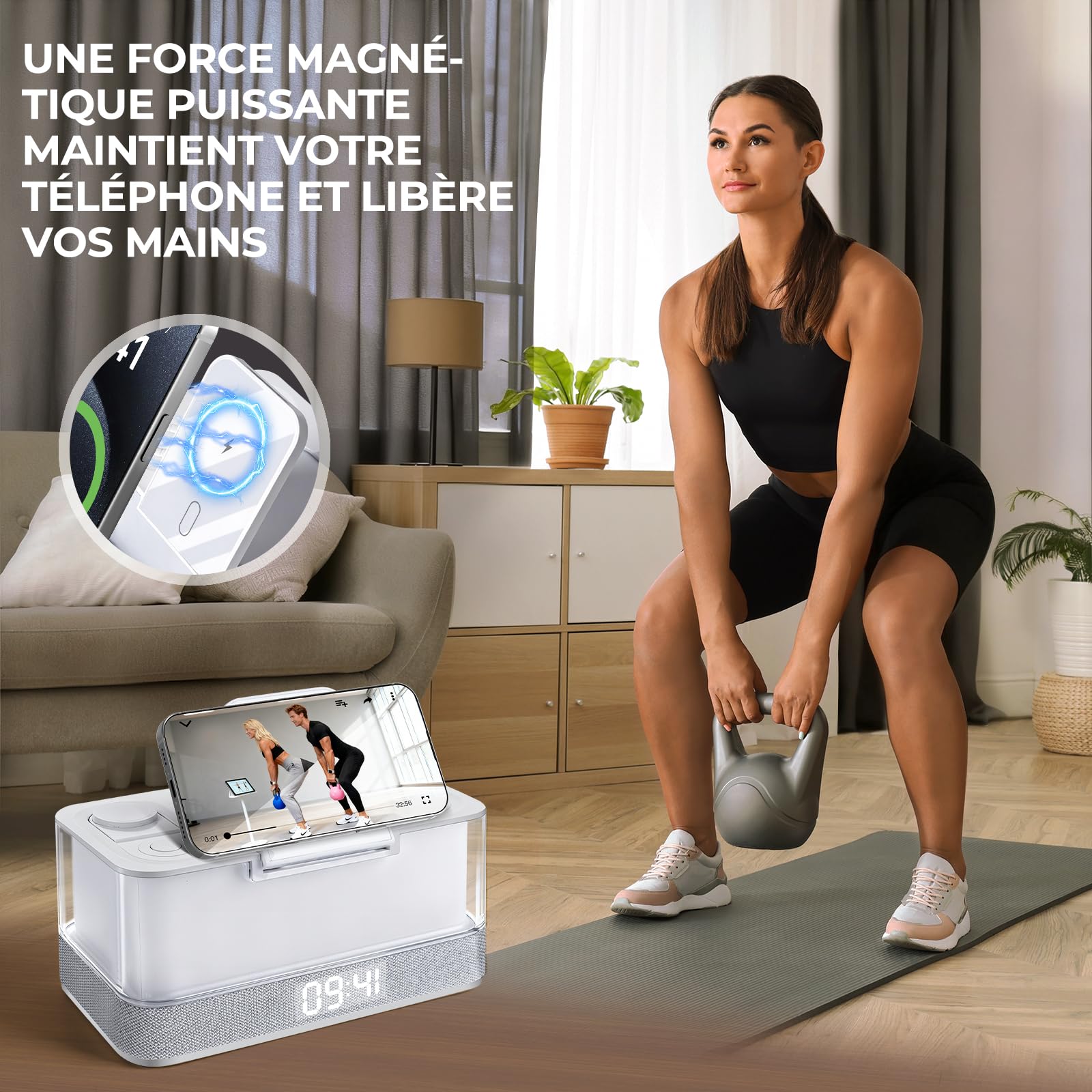 Charmofun Lampe de Chevet avec Enceinte Bluetooth et Chargeur Induction, 3 en 1 Station de Charge pour Phone Montre Connectée et Écouteurs, Enceinte Connectée avec Lampe d'ambiance Table