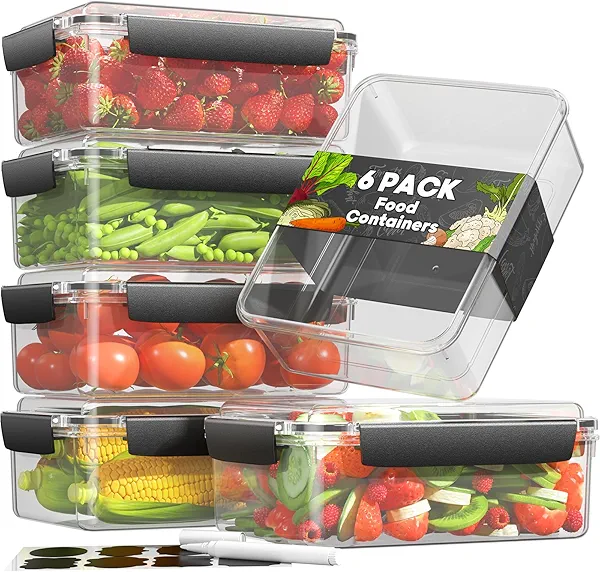 KEMETHY 7 Cup Food Storage Containers with Lids, 6 Pack Plastic Food Containers, BPA Free Meal Prep Containers Reusable, Freezer Microwave Dishwasher Safe, Includes Labels & Pen