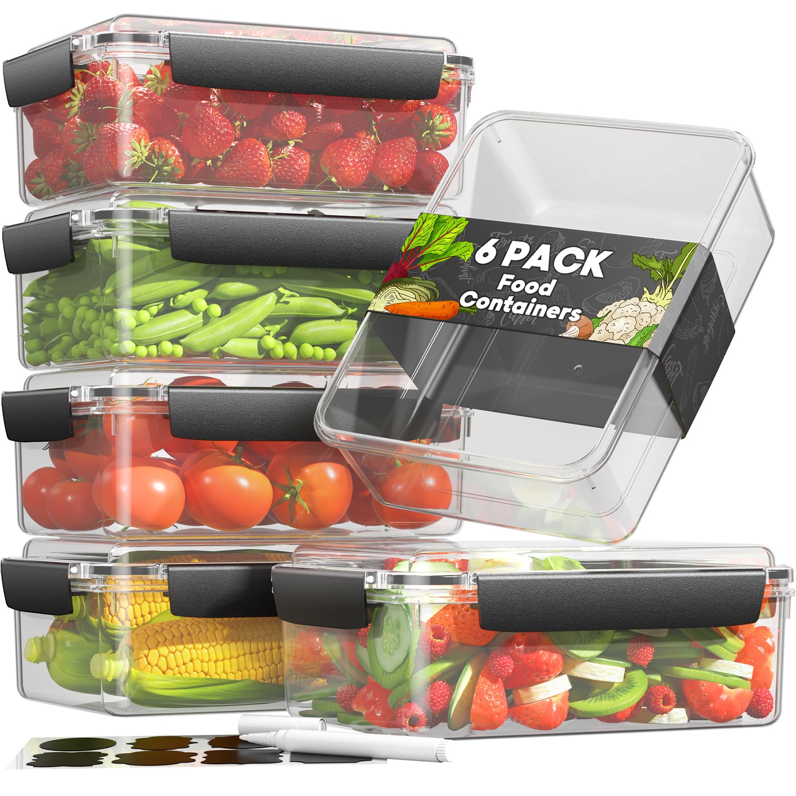 KEMETHY 7 Cup Food Storage Containers with Lids, 6 Pack Plastic Food Containers, BPA Free Meal Prep Containers Reusable, Freezer Microwave Dishwasher Safe, Includes Labels & Pen