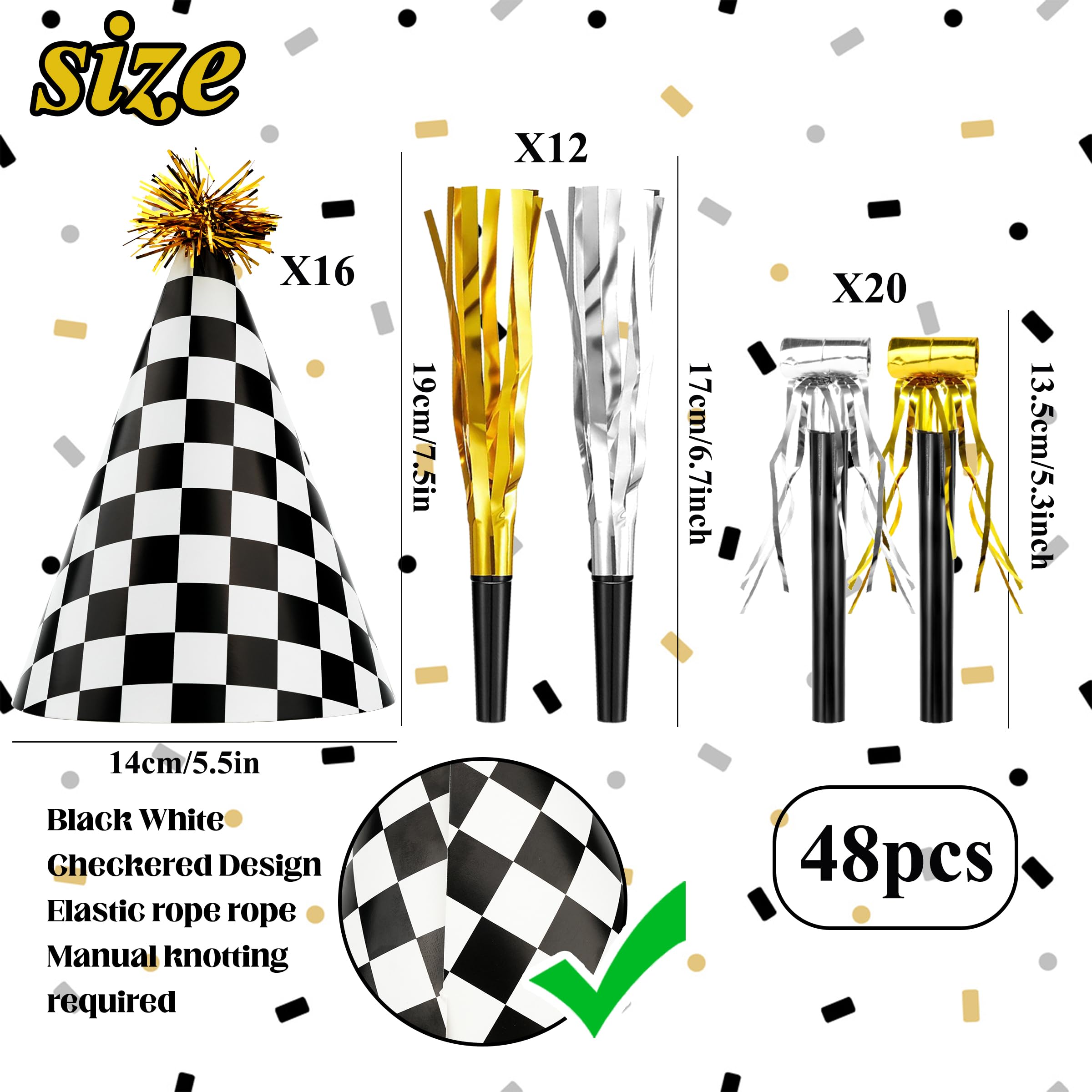 JOYEONDEF 48 Race Car Birthday Party Hats Race Car Party Supplies Include 16 Black White Checkered Cone Hats 32 Gold Noise Makers