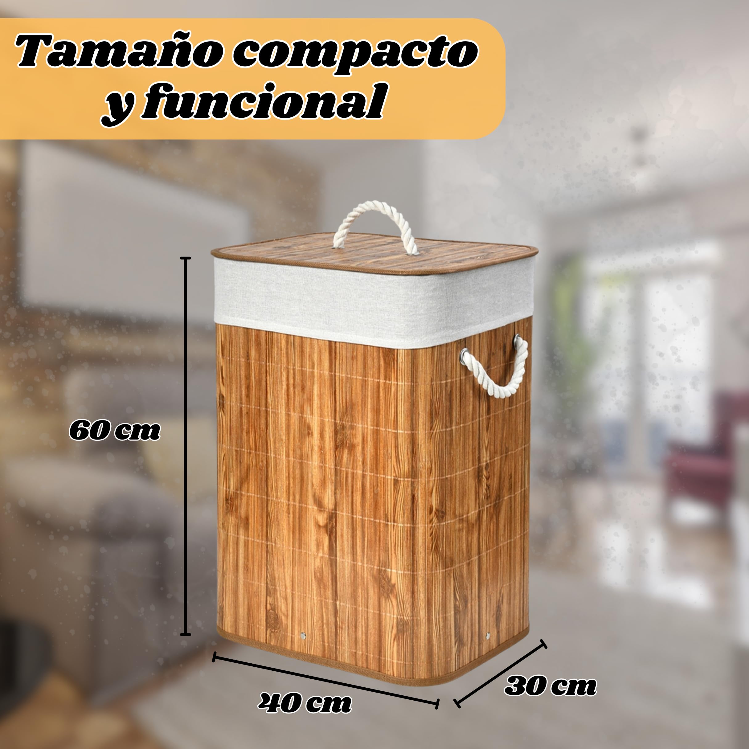 Weida Cesto de la Ropa Sucia de Bambú | Rectangular con Tapa y Asas Plegable | Bolsa Extraíble y Lavable |Moderno, para baño o Dormitorio | Marrón Madera (60cm-40cm-30cm Rectangular) - 3